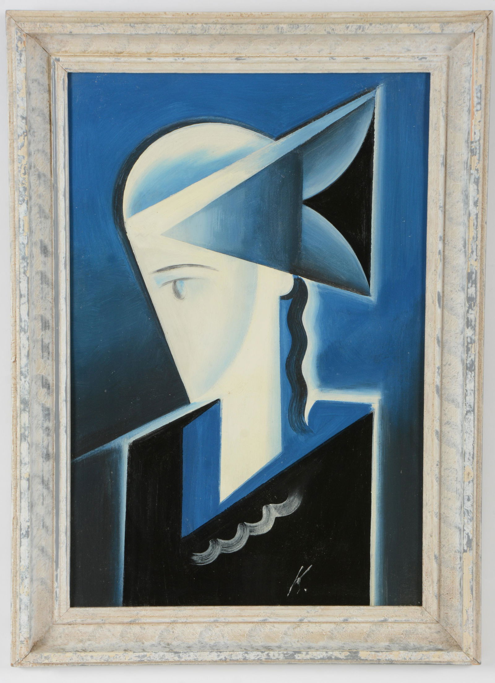 Mid 20th century Picasso style abstract cubist painting of a woman's face in blue and black. Signed (1 of 8)