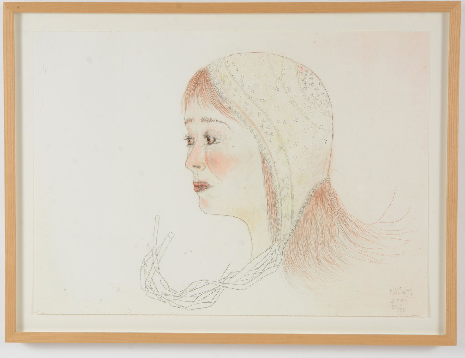 Kiki Smith. Maine. "Red Cap". Lithograph in colors. Profile portrait of a woman in a cap. Signed and: Kiki Smith. Maine. "Red Cap". Lithograph in colors. Profile portrait of a woman in a cap. Signed and dated 2001 lower right with edition of 28 of 36. Framed showing full sheet. Sheet size 20 x 28 in.