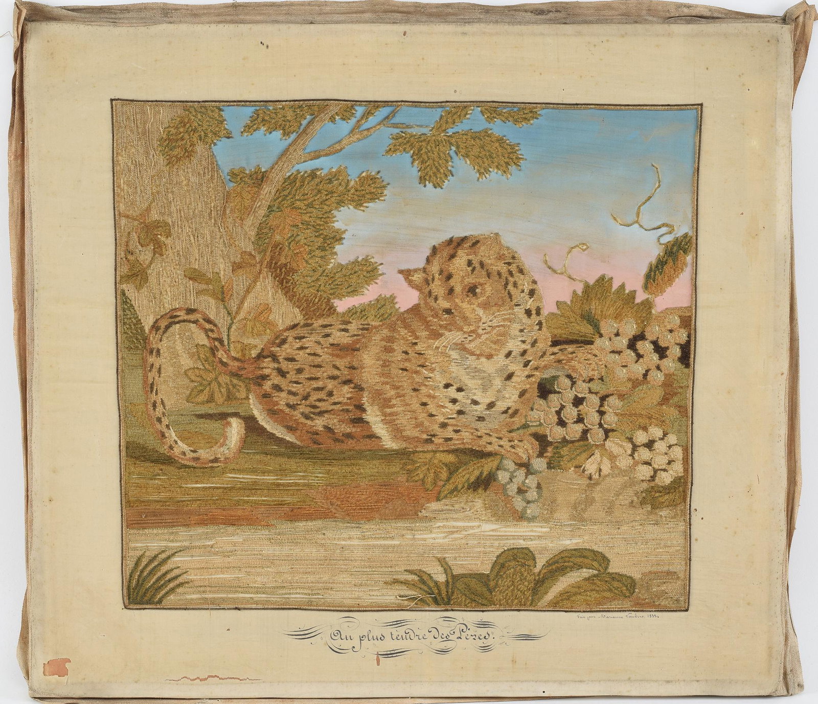 1832 French silk embroidered picture of a leopard in a landscape. Signed Mariann Lambert 1832.: 1832 French silk embroidered picture of a leopard in a landscape. Signed Mariann Lambert 1832. Unframed. 17 x 19in.