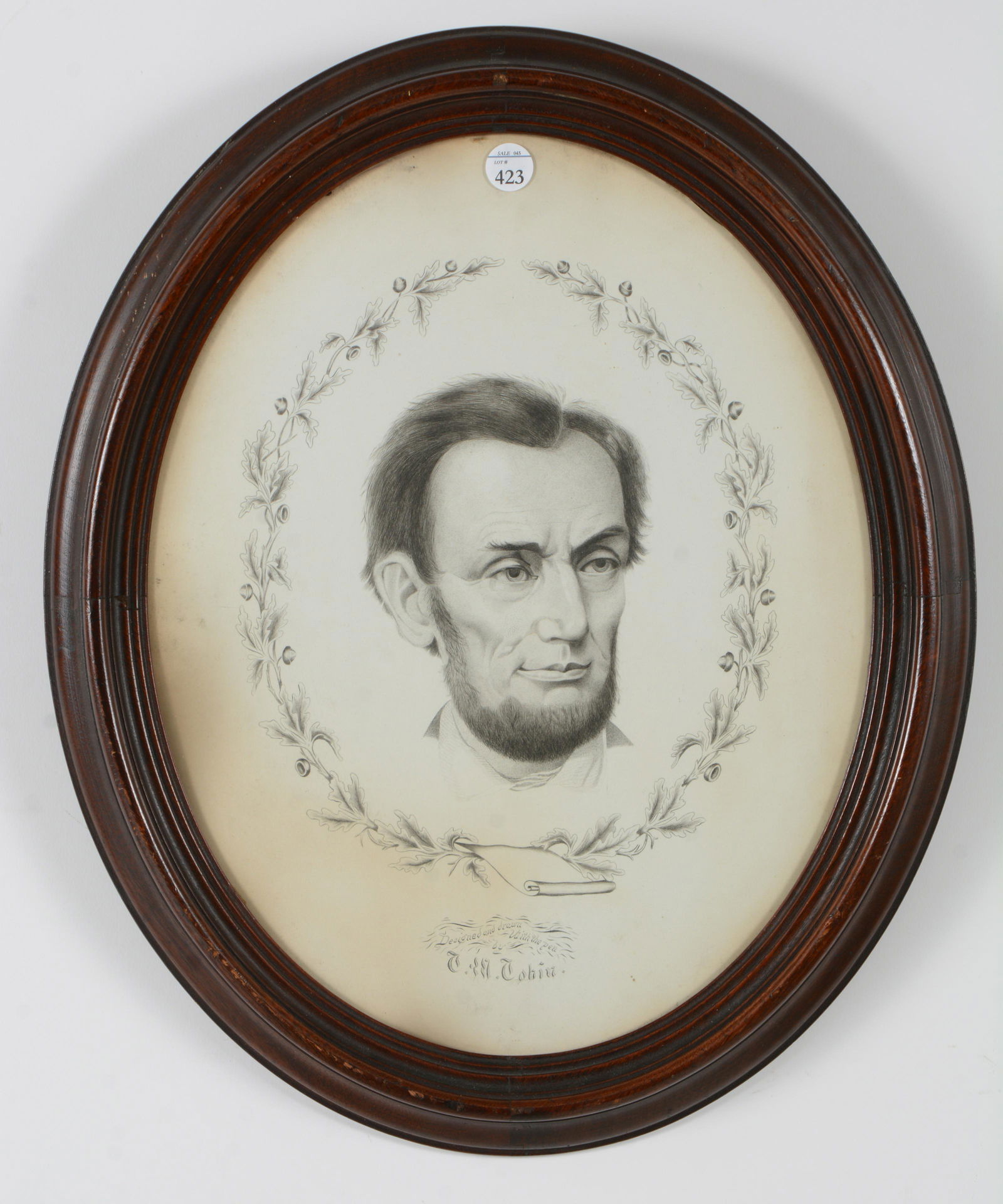 1868 fine pen drawn portrait of Abraham Lincoln with oak leaf and acorn border. Inscribed at bottom (1 of 5)