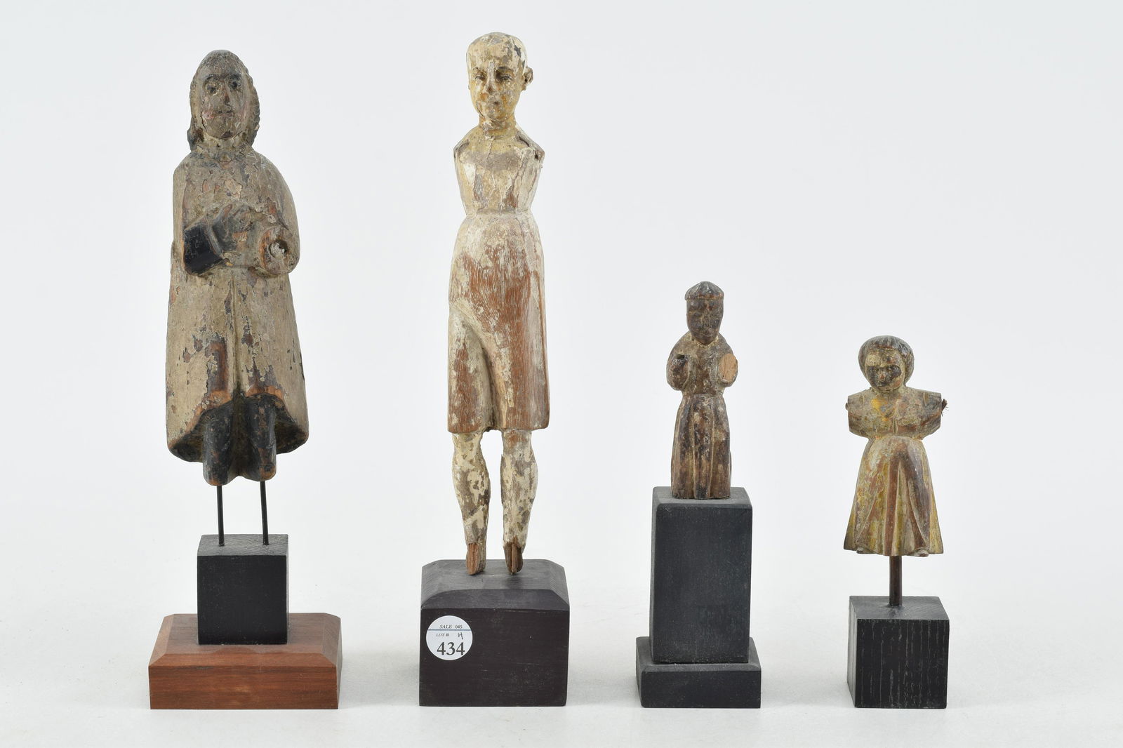 4 18th/19th century carved wood colonial religious figures. Mounted on stands. Tallest figures (1 of 8)