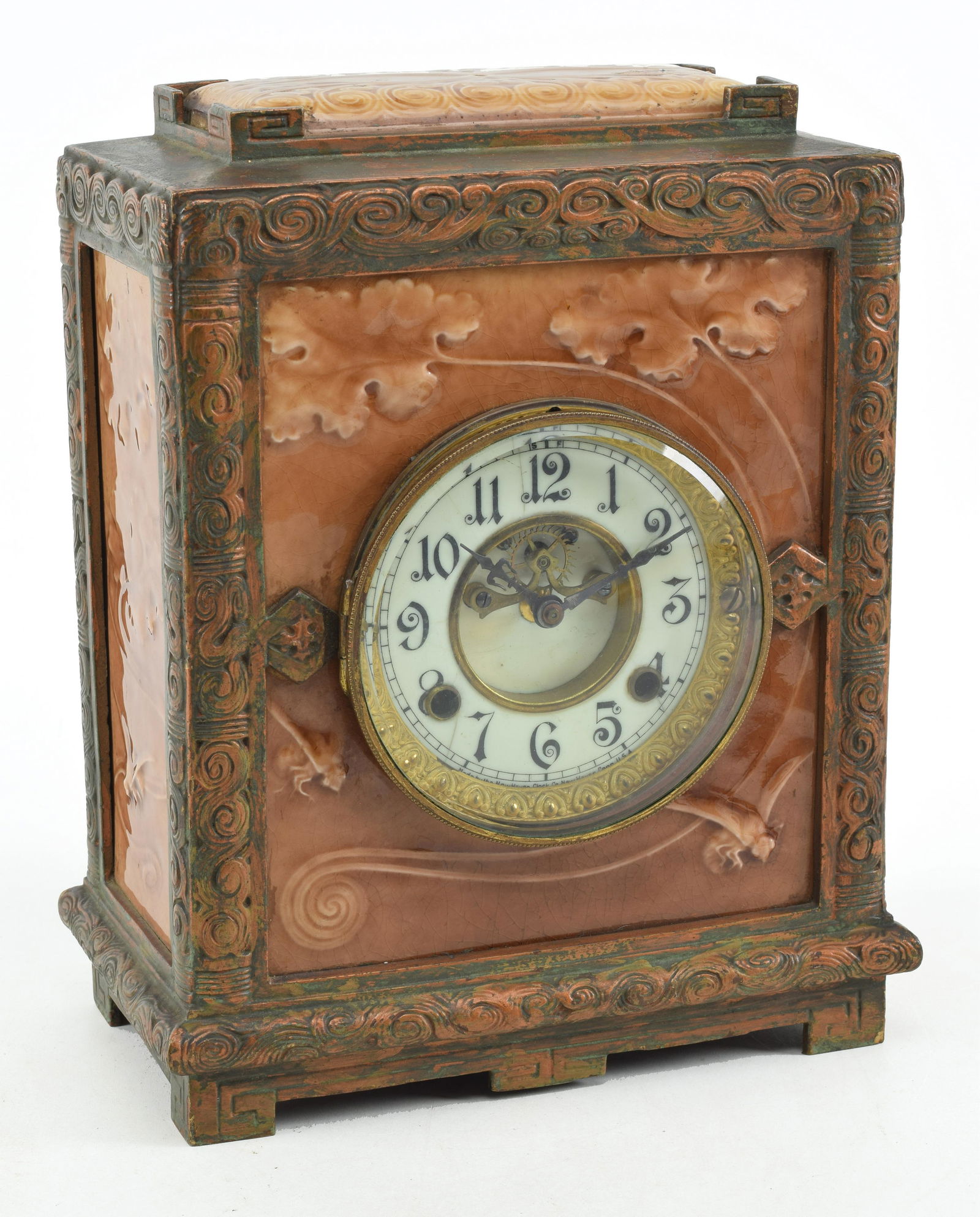 New Haven Aesthetic movement shelf clock with inset Chelsea art pottery tiles marked J. J. G Lowe, (1 of 8)