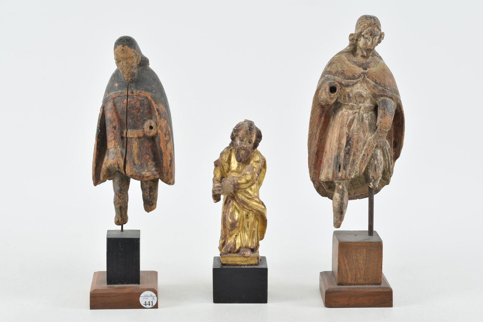 3 18th/19th century carved wood colonial religious figures. Mounted on stands. All with losses. (1 of 7)