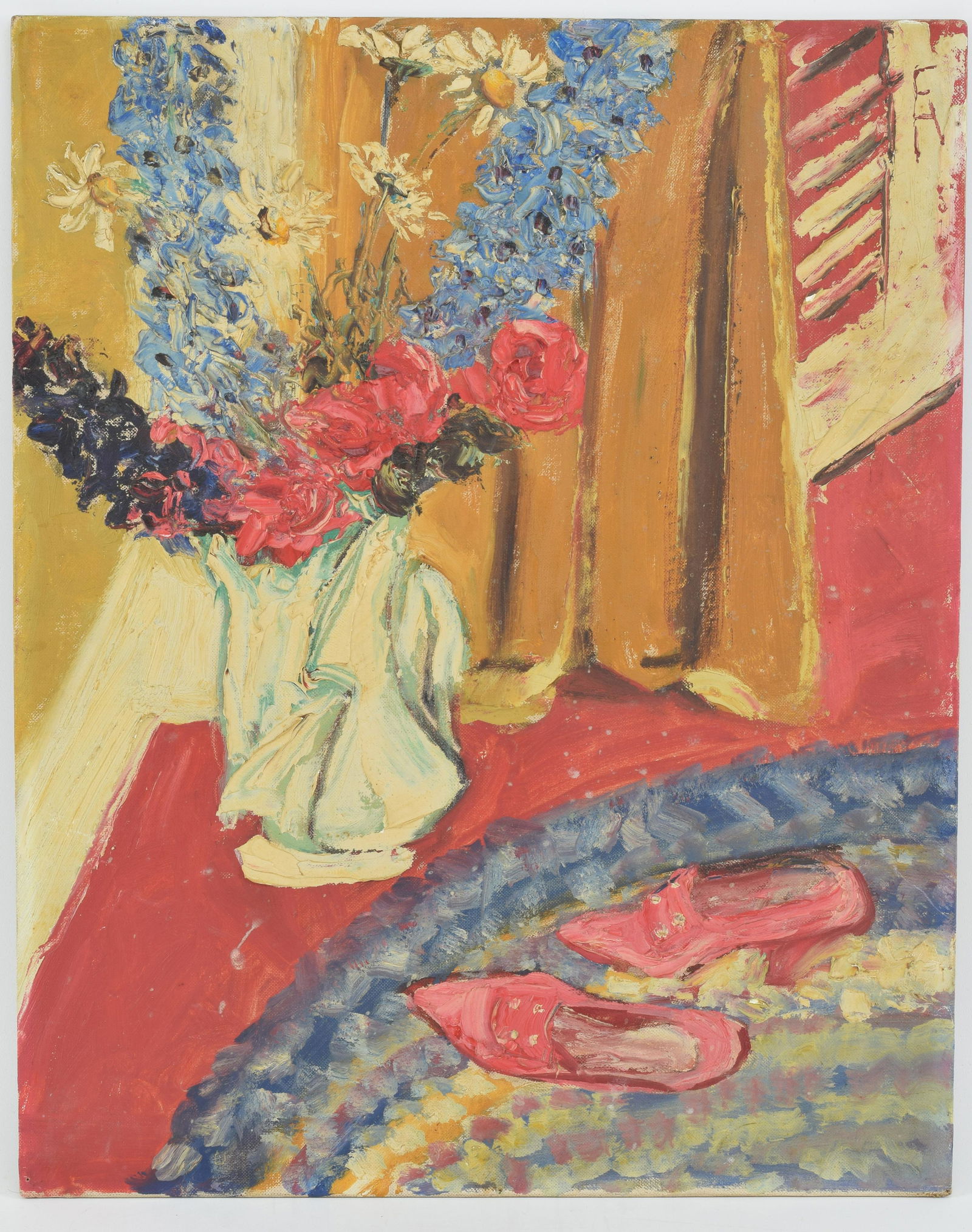 Early 20th century impressionist still life painting depicting a vase of flowers and shoes by a (1 of 8)