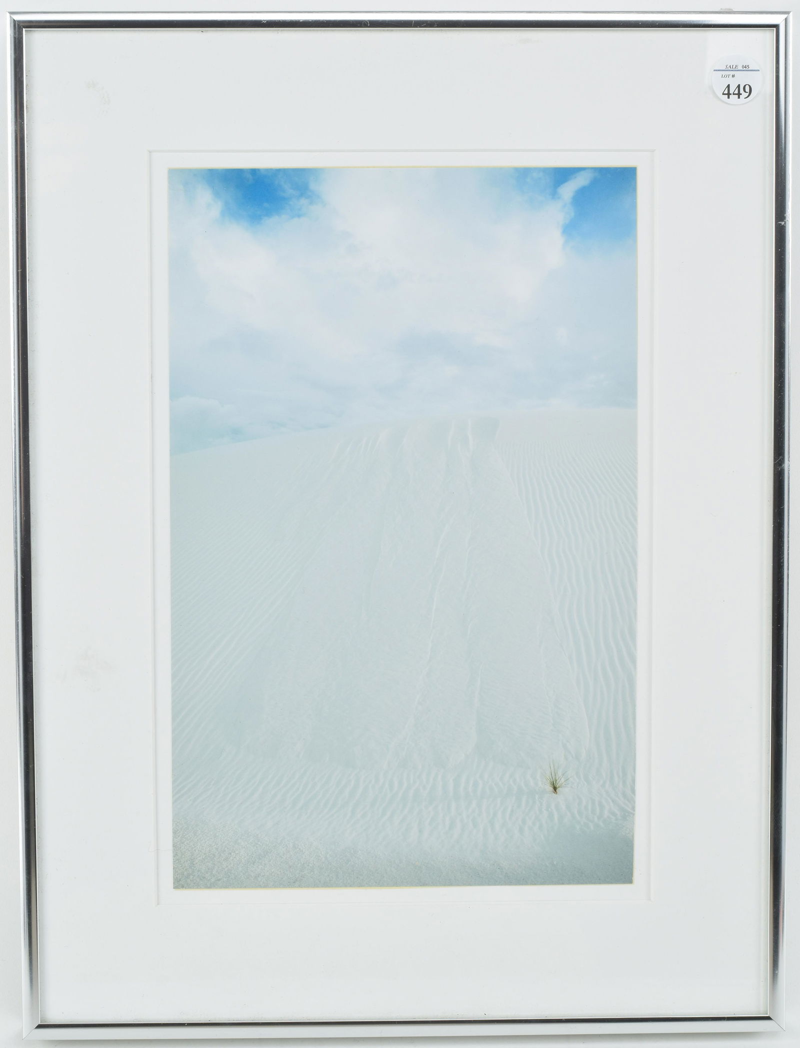 Dennis Hopper. "White Sands". Color photograph of white sand dune with sprig of grass beneath a blue (1 of 3)