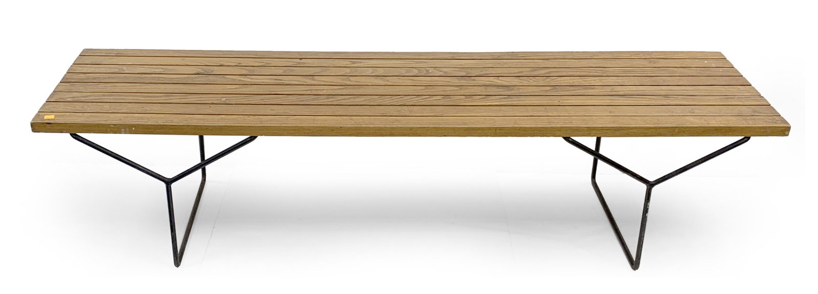 Harry Bertoia bench, by Knoll, slatted ash and wrought iron.: Harry Bertoia bench, by Knoll, slatted ash, wrought iron frame. Length 82 in, width 18.5 in, height 16 in.