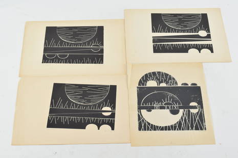 Richard Filipowski. 4 woodcut block prints, all dated 1948. Titled "Chicago".: Richard Filipowski. 4 woodcut block prints, all dated 1948. Titled "Chicago". Each signed and titled in the margin. 3 on paper, one on tissue paper. Unframed. Overall on 3: 11.75 x 9in. Overall on tis