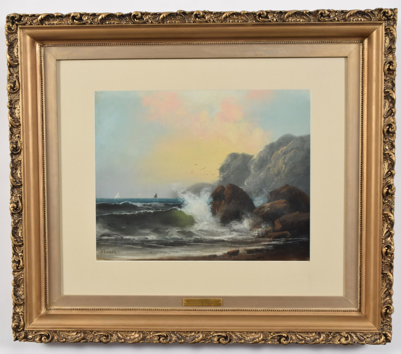 Alfred T. Bricher. "Cliffs of Grand Manan". Maine coastal surf scene.: Alfred T. Bricher. "Cliffs of Grand Manan". Maine coastal surf scene. Pastel on paper. Framed under glass. Signed lower left. Several light scratches or abrasions. Sight: 15.5 x 19.5in. Overall: 29 x 
