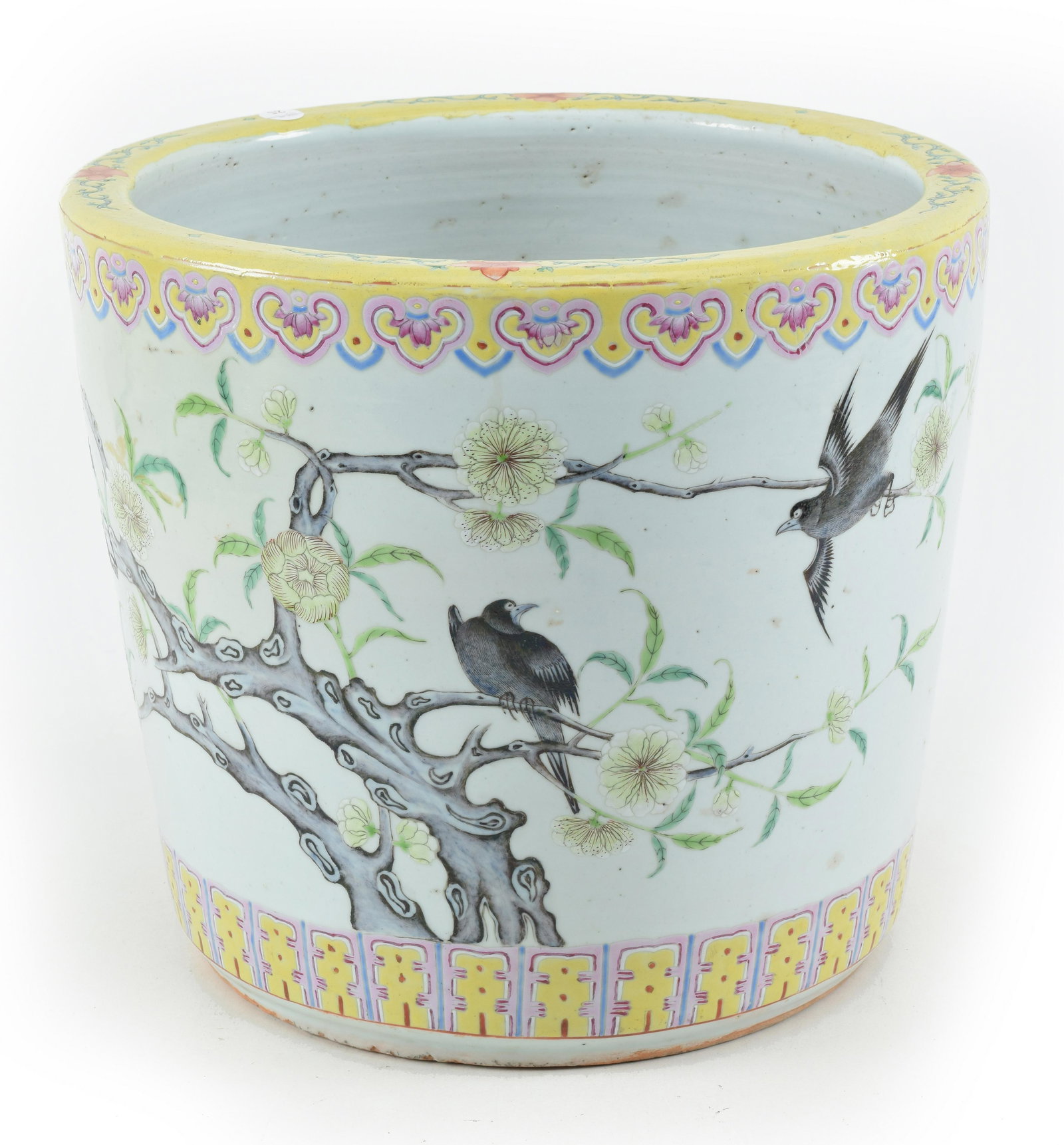 Large Chinese late Qing period famille rose decorated heavy porcelain planter. Magpies on branches (1 of 9)
