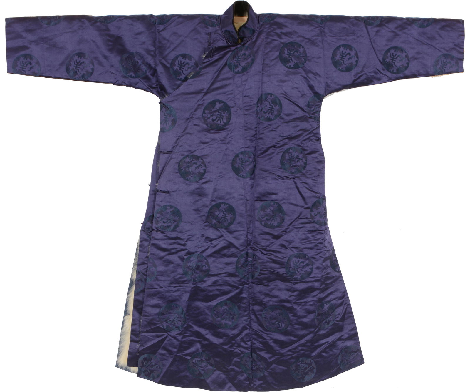 Chinese early 20th century plum colored winter robe with buddhist symbol medallion decoration. Fur (1 of 6)