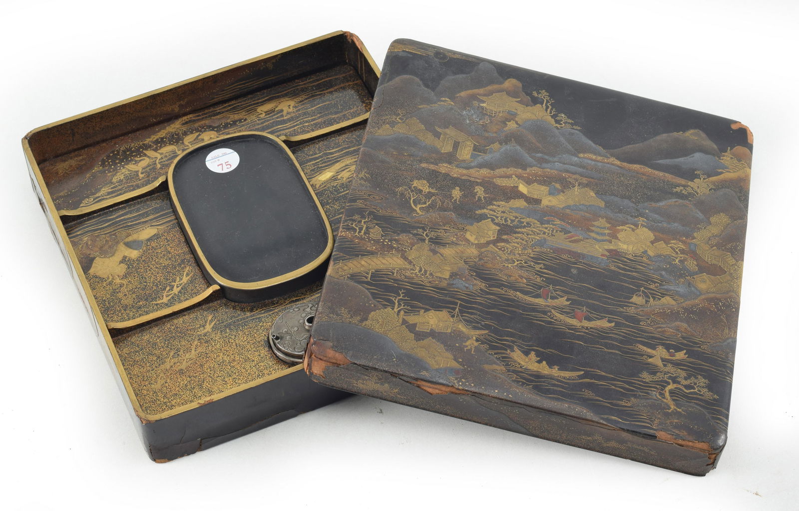 Writing box. Japan. 18th/19th century. Suzuribako with landscape decoration on maki-e lacquer. (1 of 11)