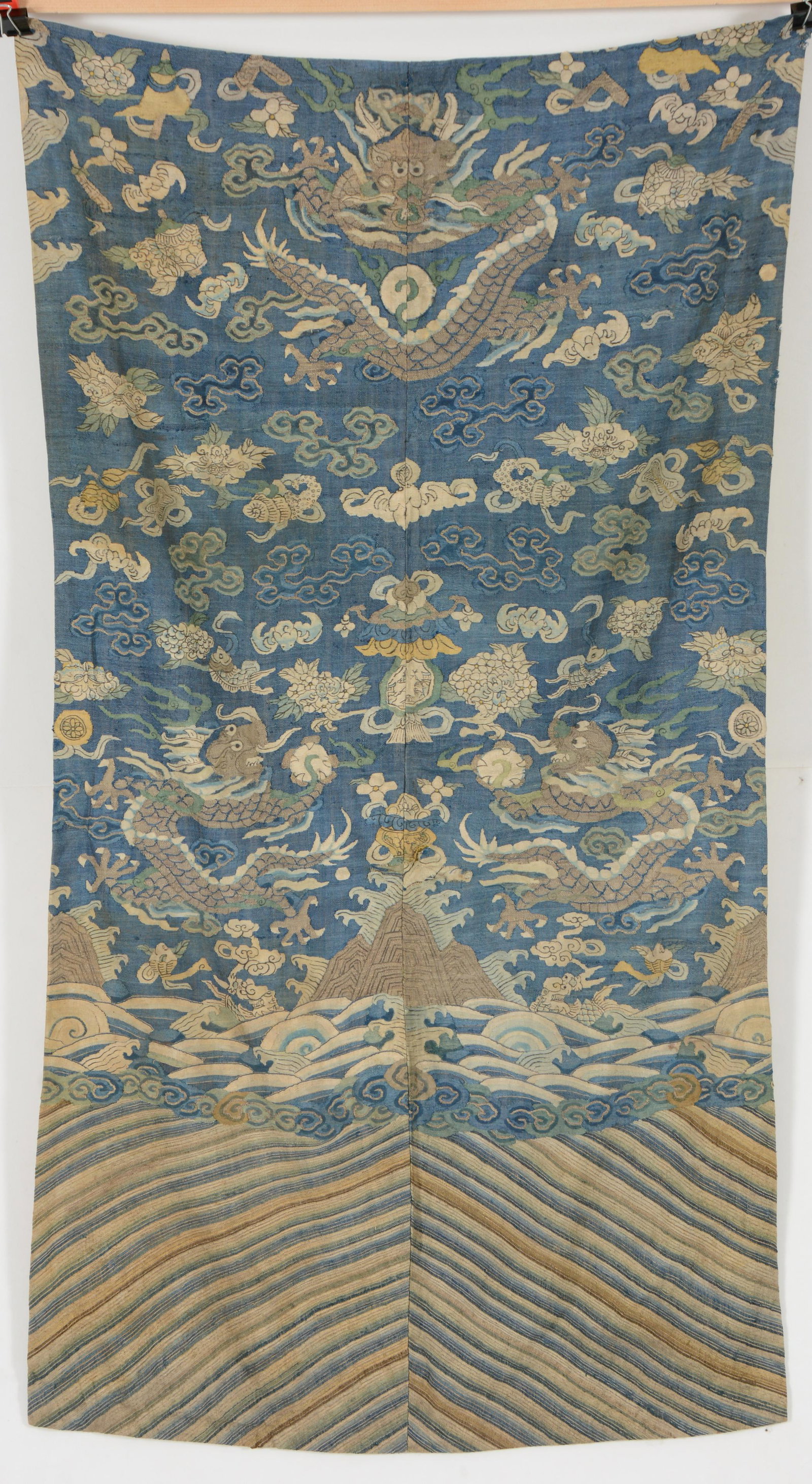 Textile panel. China. Late 19th century. K'ossu work. Decoration of dragons and auspicious emblems. (1 of 6)