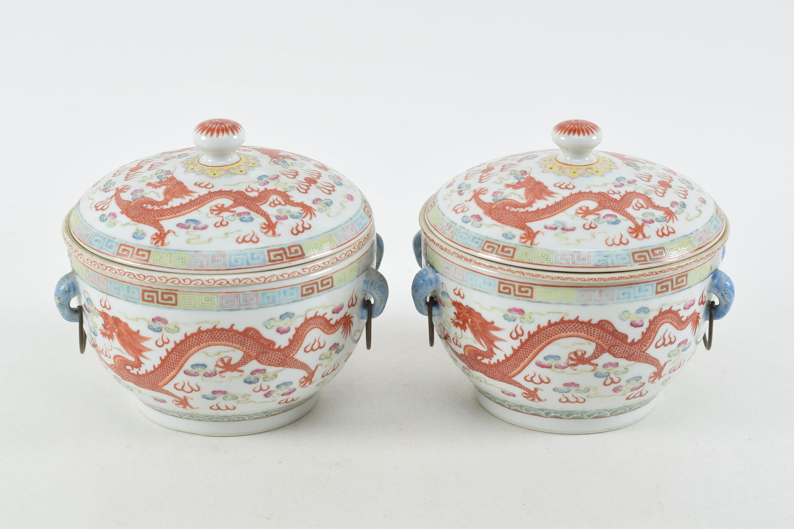 Pair of porcelain covered warming dishes. China. Hung Hsien mark and of the period. Decoration of (1 of 12)
