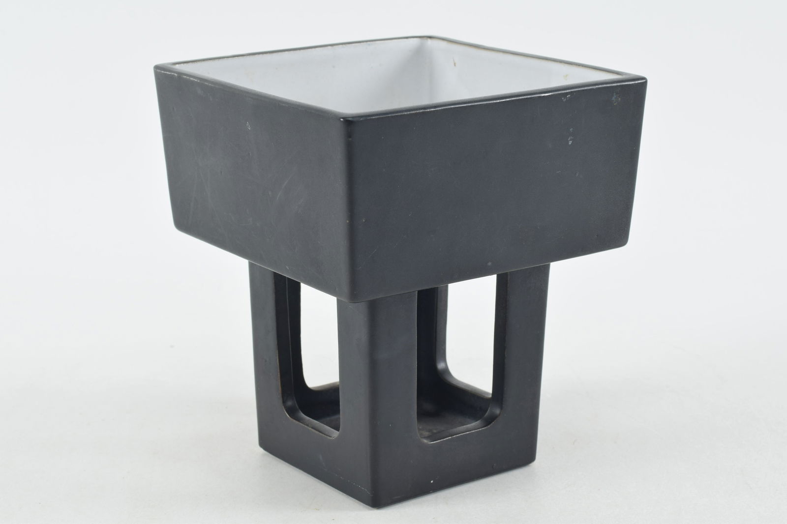 Square enameled pedestal dish. Modern design. Mark in Chinese characters to base. 7.25in high. (1 of 7)