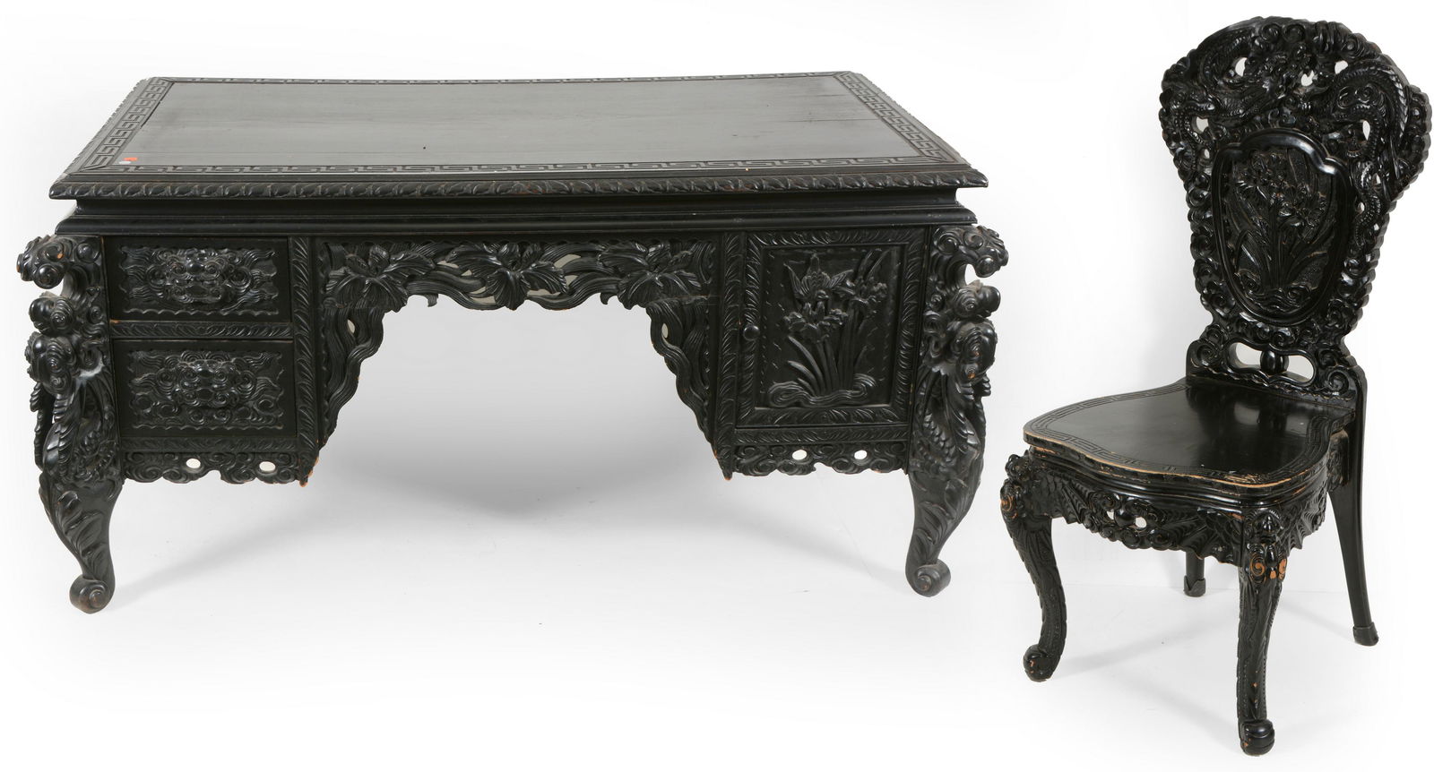 Desk and chair. Japan. Meiji period (1868-1912). Surface carved with irises and foliage with dragon (1 of 11)