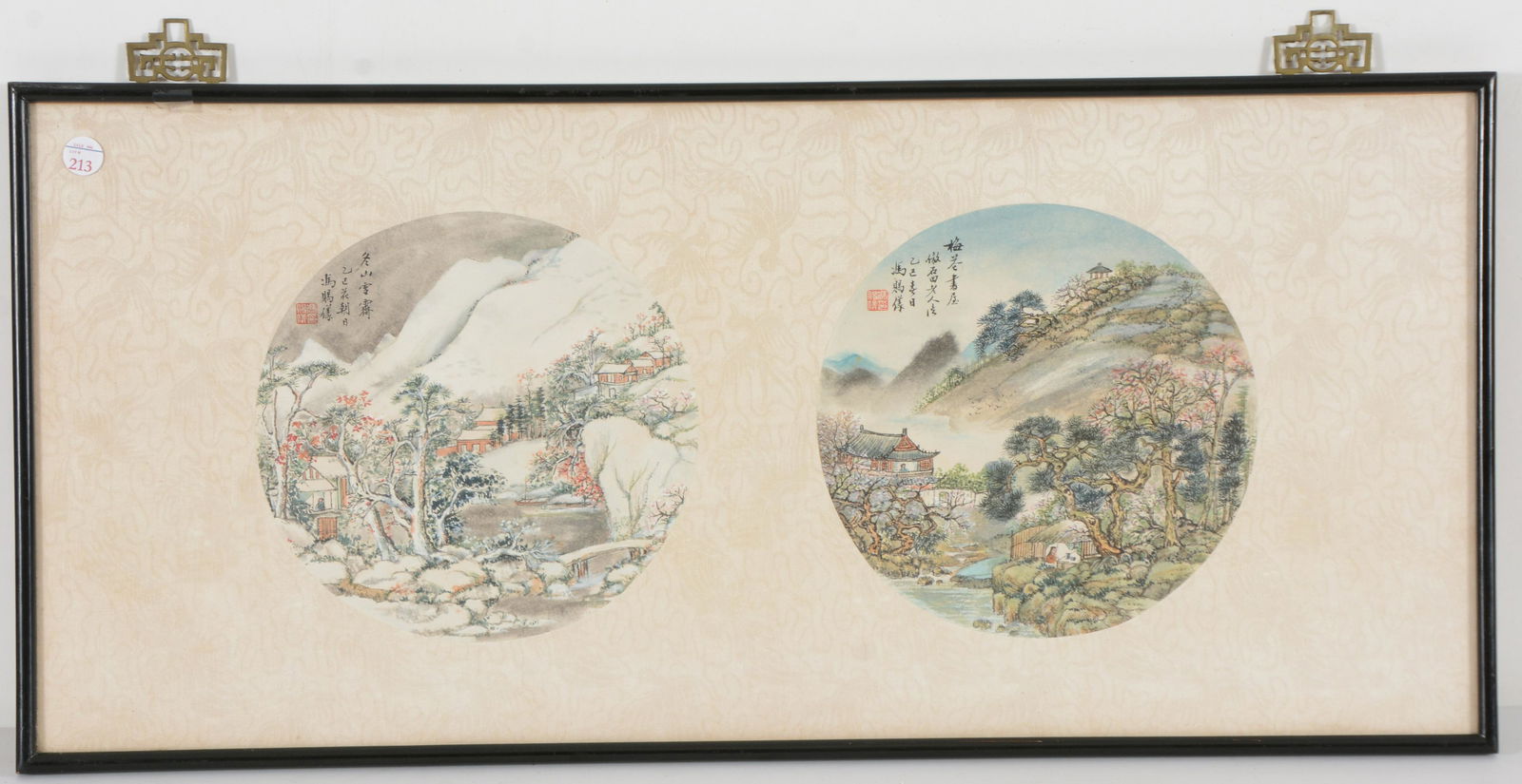 20th century Chinese signed watercolor fan paintings. Winter and summer hillside landscapes. Signed (1 of 5)