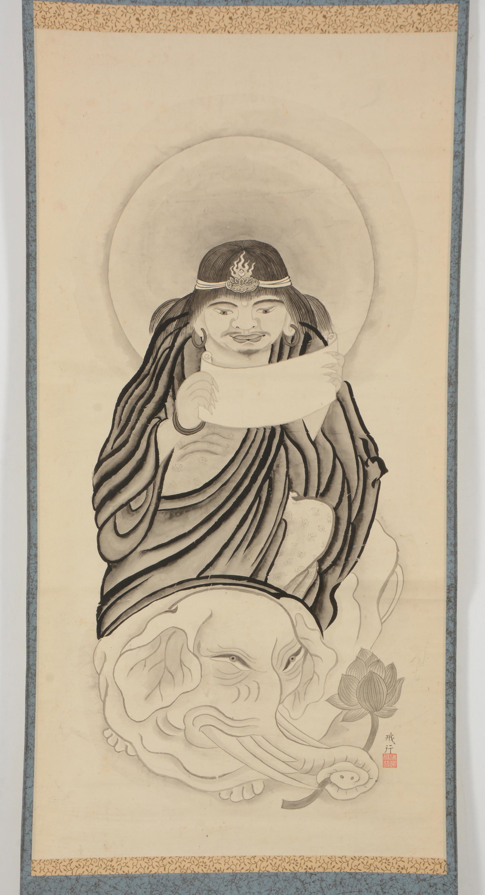 Hanging scroll. Japan. 19th century Kano school. Ink on paper. Samantabhadra on an elephant. Brocade (1 of 6)