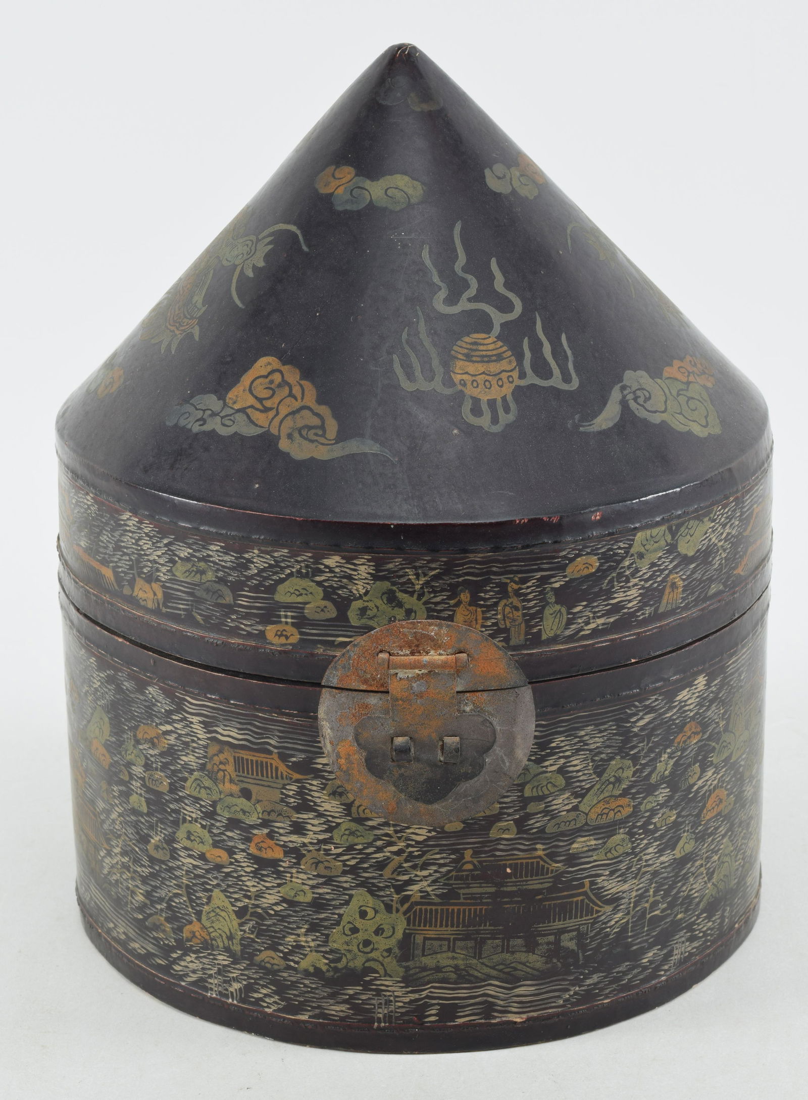 Lacquered black nesting boxes. China. Early 20th century. Conical form. Height 12in. (1 of 6)