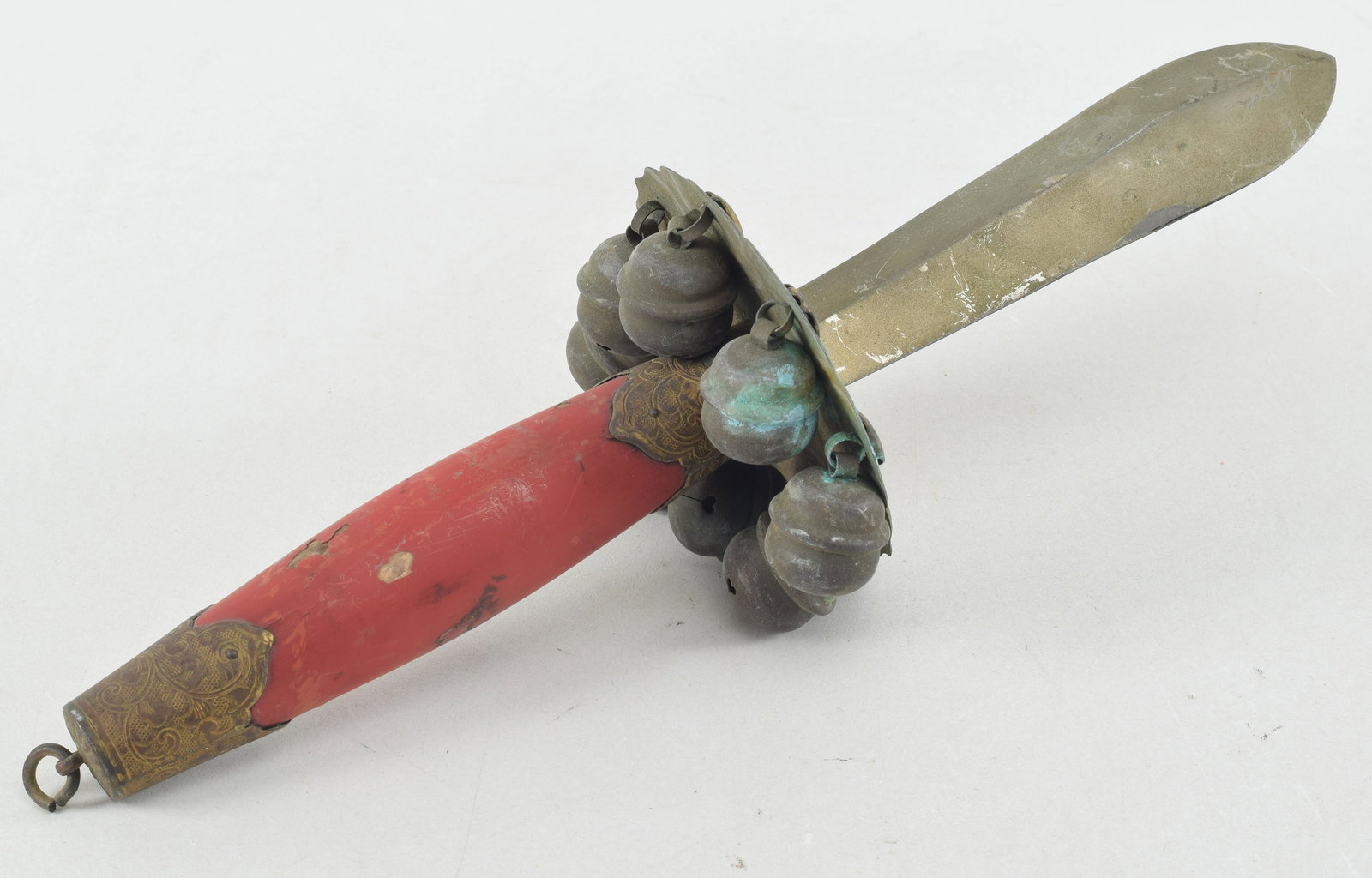 Shamans rattle. Japan. 19th century. Sword shaped with bells. Red lacquer handle. 13in length. (1 of 5)