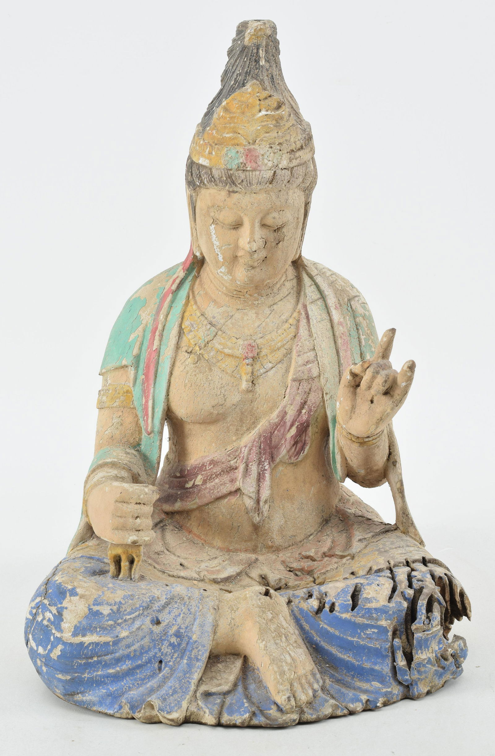 Carved wooden figure of Amida buddha. China. 18th century. Heavy wood with traces of pigments. (1 of 8)