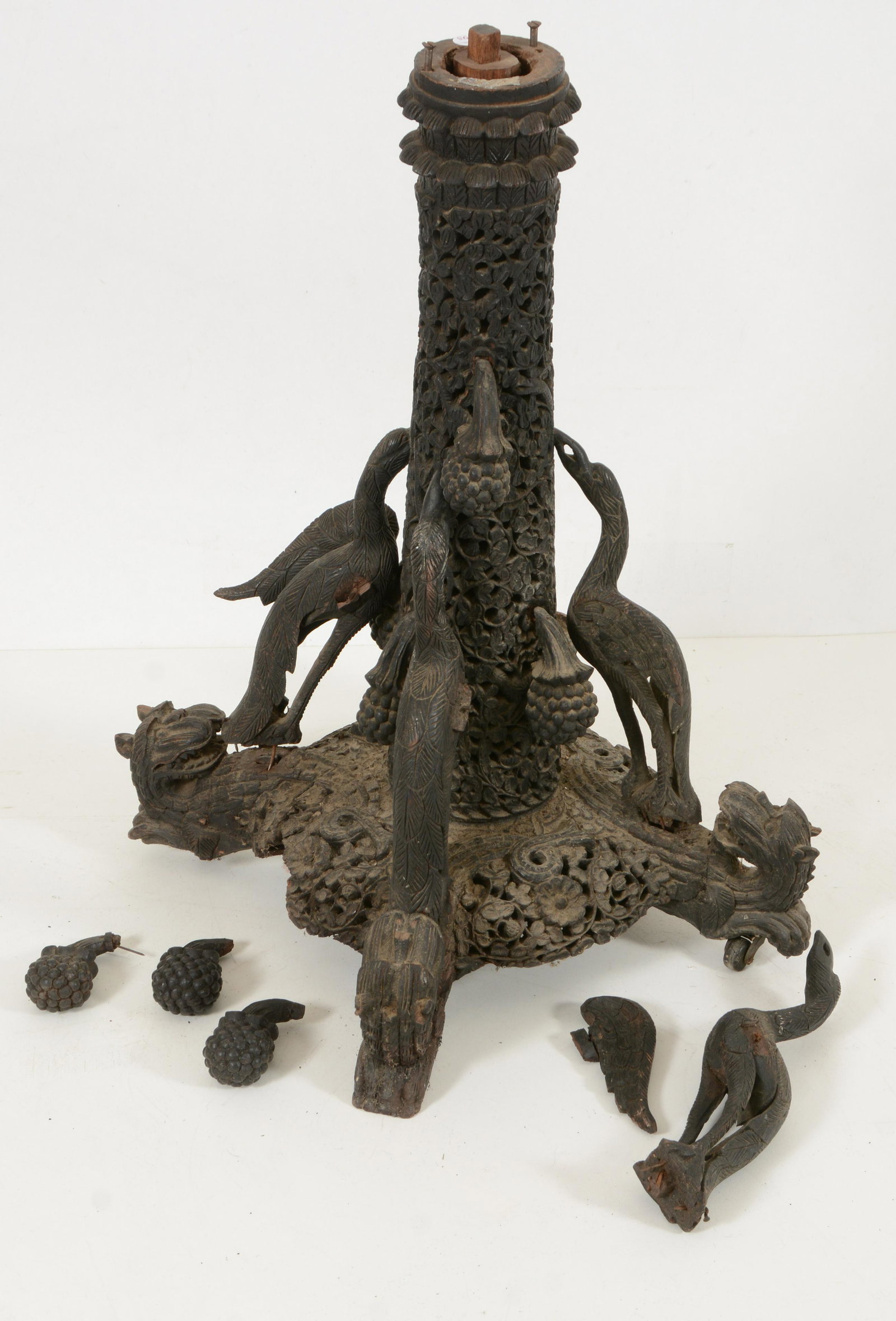 Anglo-Indian carved hardwood table pedestal. Floral carved column atop mythical animal for feet. (1 of 7)