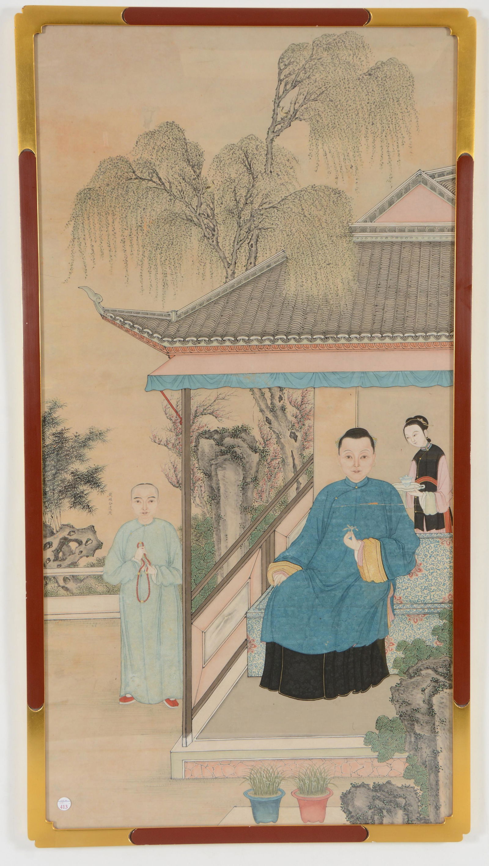 Fragment of an ancestor portrait. China. 18th/19th century. Figures in a garden. Framed. Overall: 48 (1 of 5)
