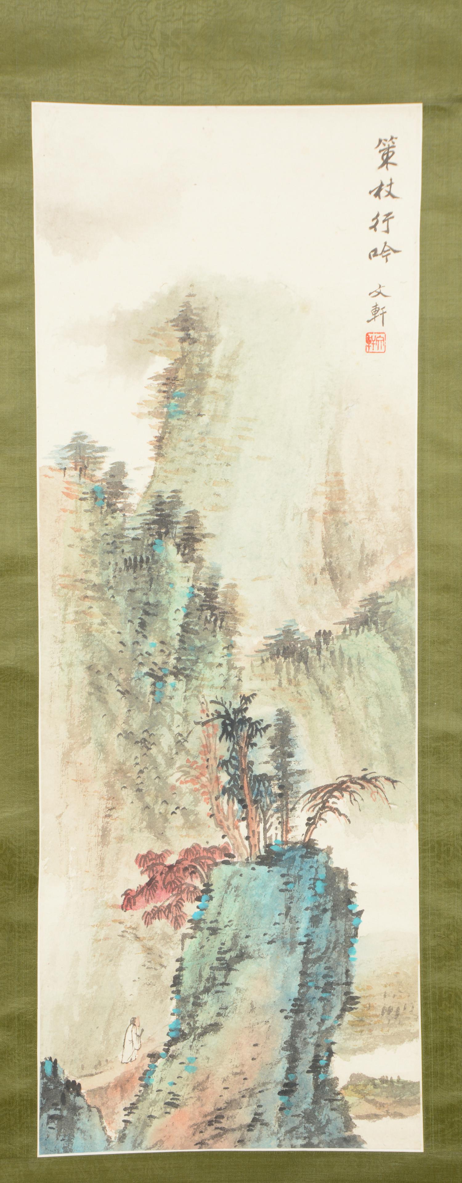 4 hanging scrolls and an embroidery. China and Japan. 20th century. 3 landscapes and a tiger: 4 hanging scrolls and an embroidery. China and Japan. 20th century. 3 landscapes and a tiger together with an embroidery of a palace scene.