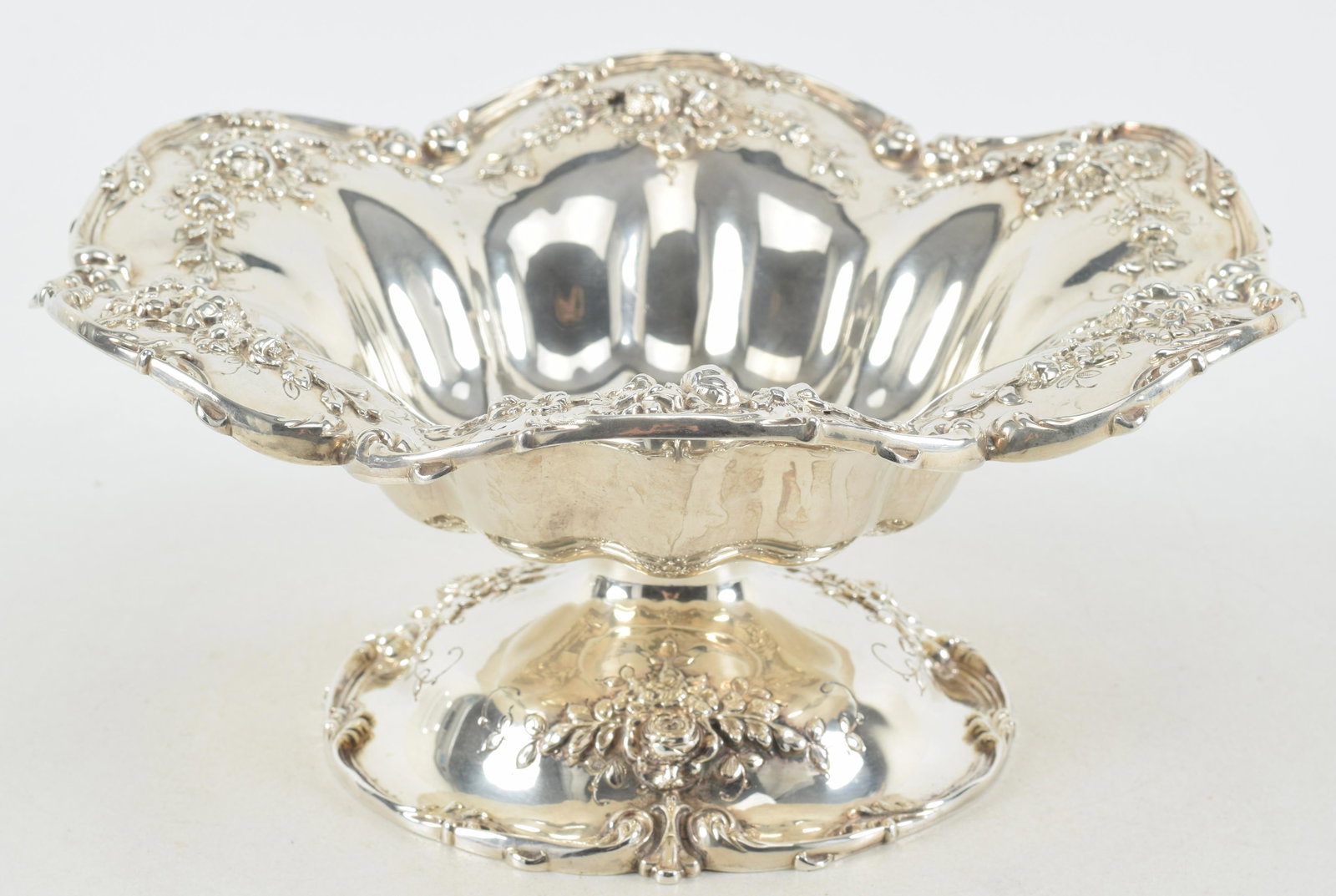 Redlich & Co. Sterling silver footed open basket decorated with floral sprays Height 4 in, width 9.5: Redlich & Co. Sterling silver footed open basket decorated with floral sprays Height 4 in, width 9.5 in. 18.65 ozt.