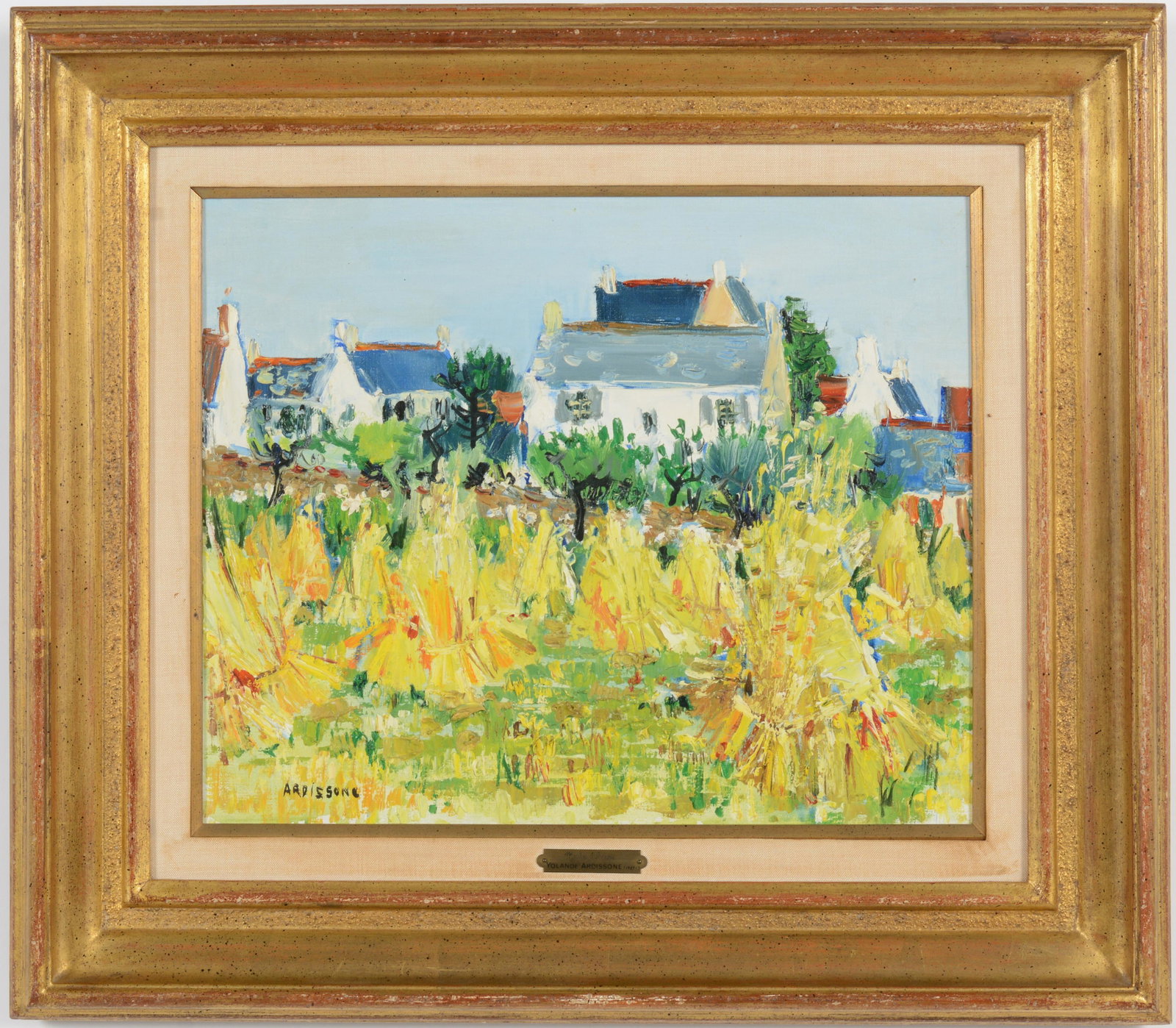 Yolande Ardissone. French. "Meules d'Avoine". Bright impressionist landscape with houses, hay stacks: Yolande Ardissone. French. "Meules d'Avoine". Bright impressionist landscape with houses, hay stacks and flowers. Oil on canvas. Signed lower left. Wally Finlay Galleries, New York label on reverse. F