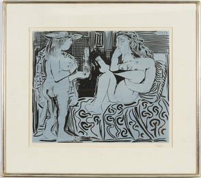 Pablo Picasso. "Deux Femmes avec un Vase a Fleurs". Linoleum cut. Pencil signed lower right and