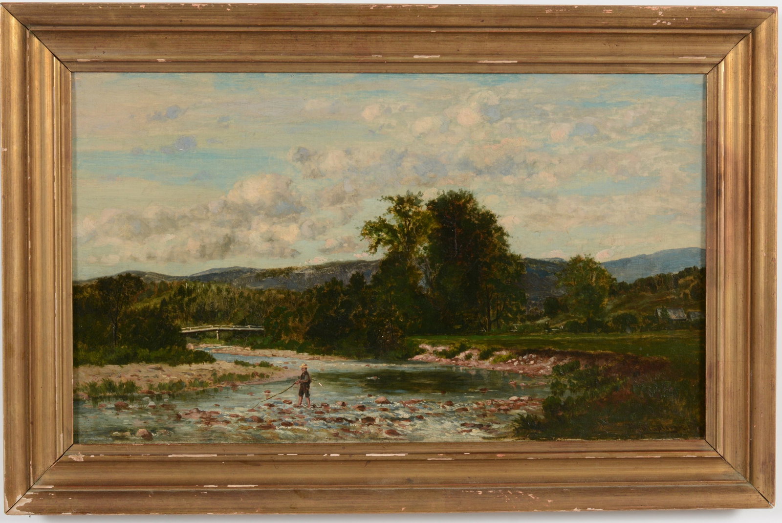 Frank H. Shapleigh. "On Ellis River, Jackson, New Hampshire - 1876". River landscape with man: Frank H. Shapleigh. "On Ellis River, Jackson, New Hampshire - 1876". River landscape with man fishing. Bridge and farmstead in background. Oil on canvas. Signed and dated lower right. Titled and signe