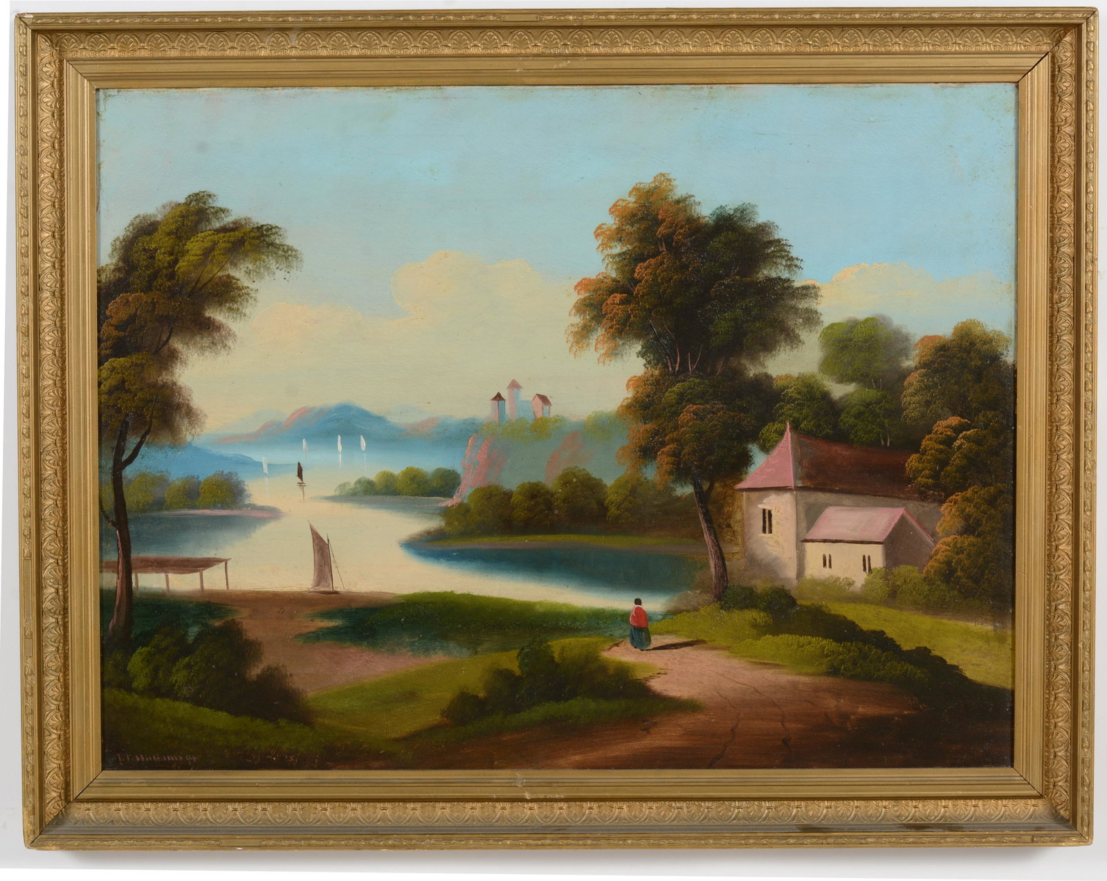 F.F. Williams 94. Stylized Hudson river view, mountain lakeside landscape with villas, sailboats and: F.F. Williams 94. Stylized Hudson river view, mountain lakeside landscape with villas, sailboats and figures at shore. Signed lower left. Oil on canvas. Gilt gesso frame. Relined, cleaned Image size 2