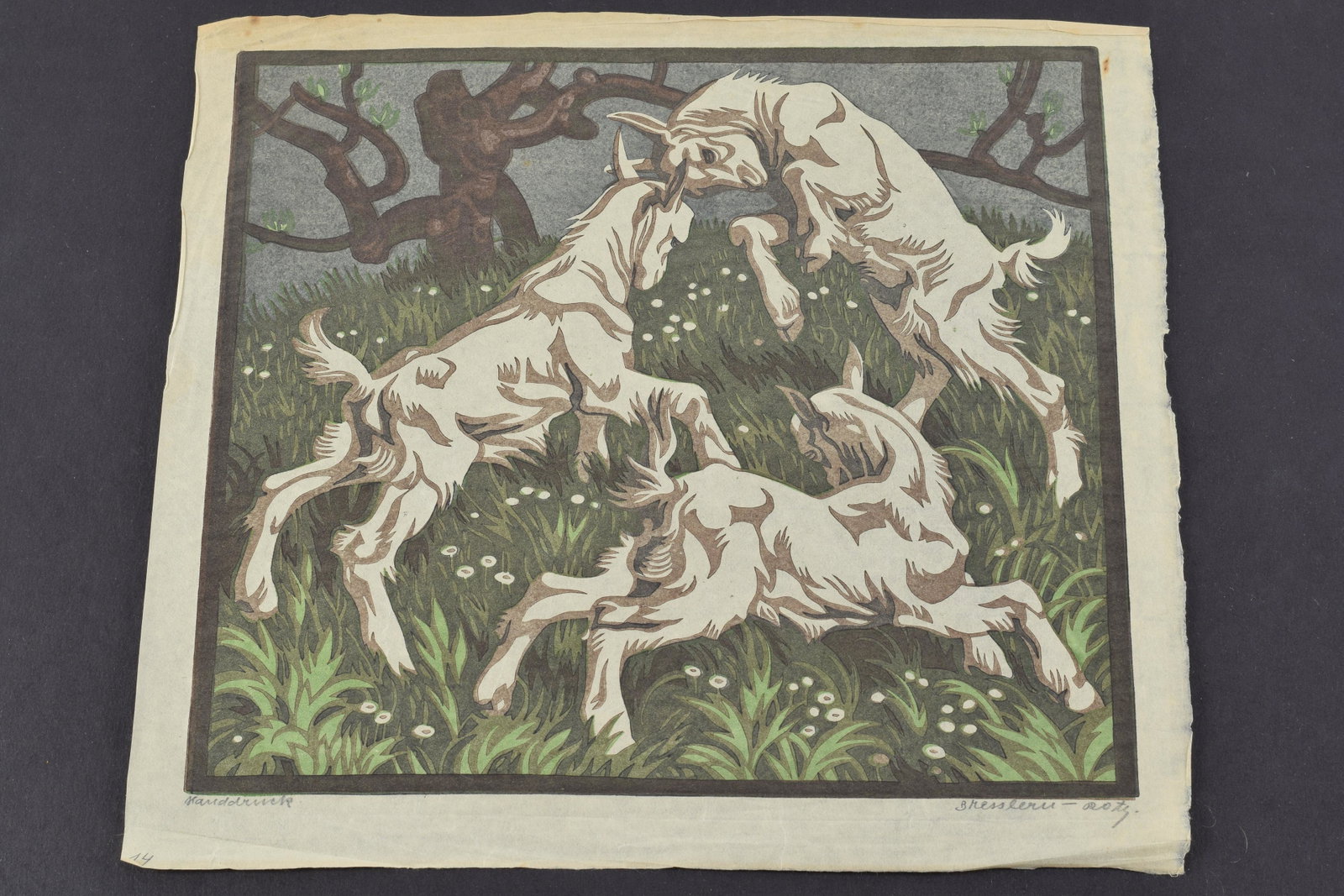 Norbertine von Bresslern-Roth. Austria. Color woodcut of billy goats butting heads in a landscape.: Norbertine von Bresslern-Roth. Austria. Color woodcut of billy goats butting heads in a landscape. Signed in pencil lower right margin. Inscribed Handdruck lower left. Thin tissue-like paper exhibits 