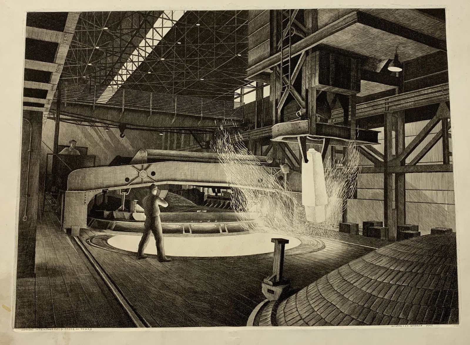 Jackson Lee Nesbitt. "Soaking Pits - Sheffield Steel of Texas". Original engraving with drypoint.: Jackson Lee Nesbitt. "Soaking Pits - Sheffield Steel of Texas". Original engraving with drypoint. Signed, dated 1946, and titled in plate. Dirtying to sheet. Slight buckling of paper. Sheet size: 13.2