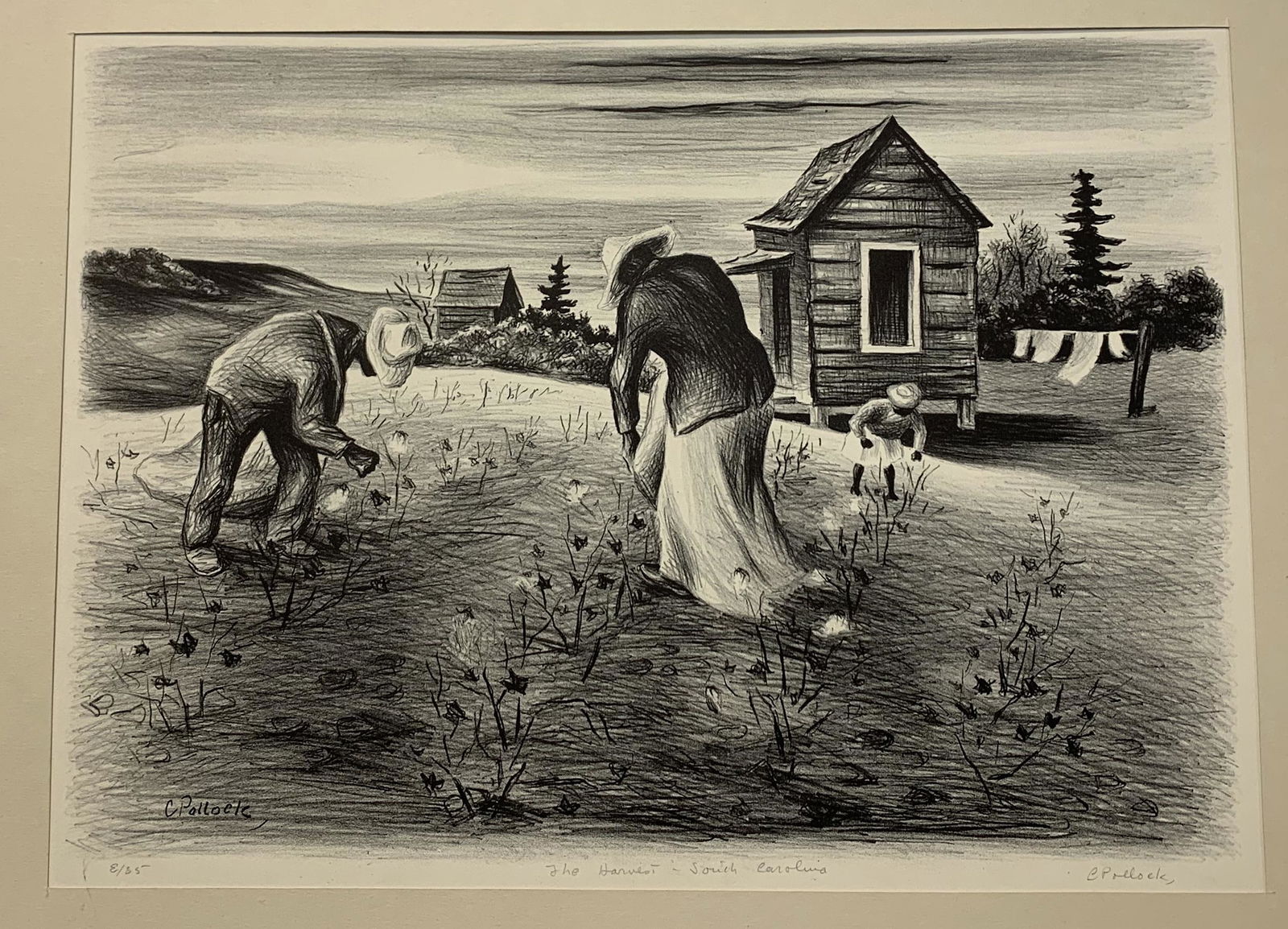 Charles Pollock. "The Harvest - South Carolina". Original lithograph of African American figures: Charles Pollock. "The Harvest - South Carolina". Original lithograph of African American figures picking crops. Pencil signed, titled, and numbered 8/35 lower margin. Matted. Sheet size: 13 x 18in.