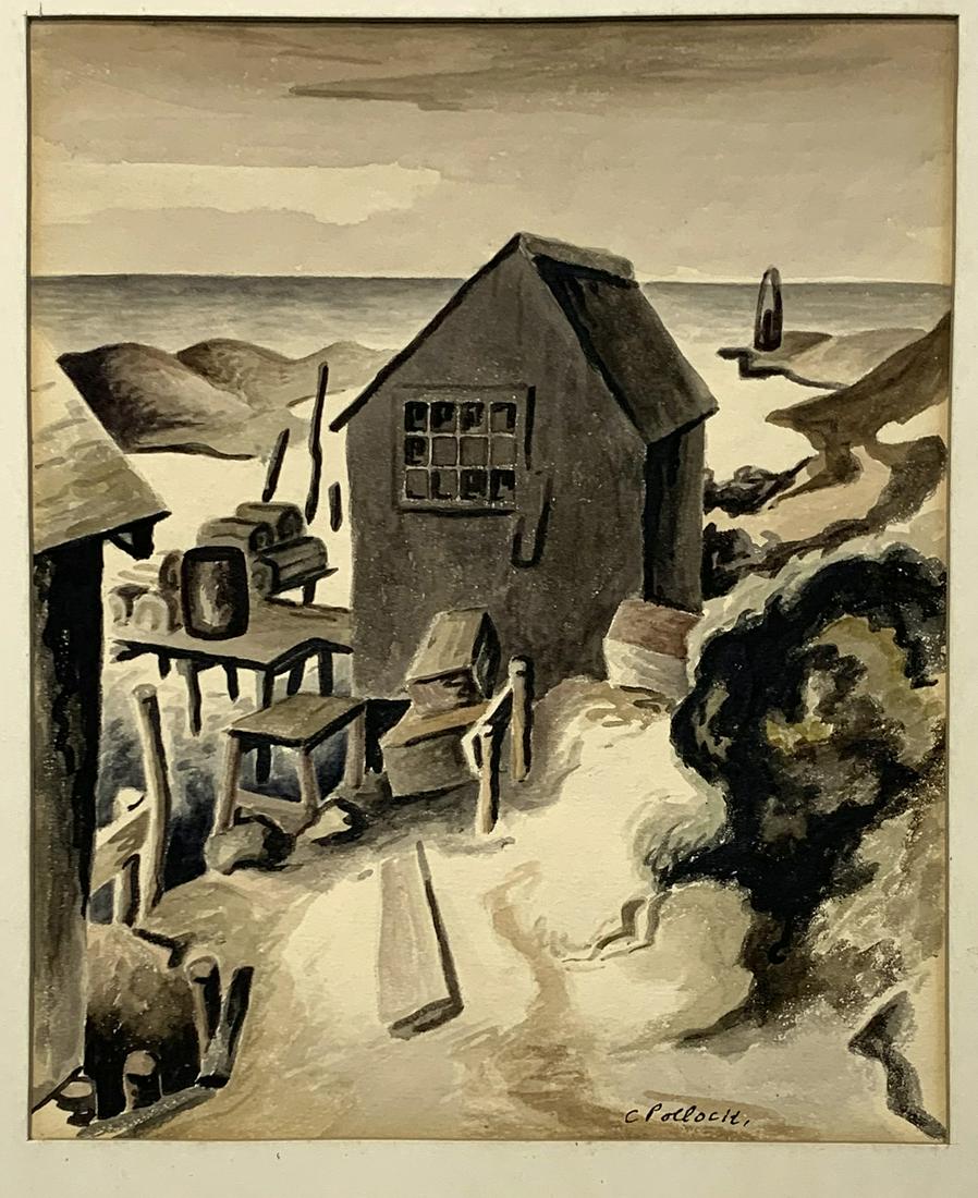 Charles Pollock. Watercolor painting of a bait shack and wharf along a rocky coast. Signed lower: Charles Pollock. Watercolor painting of a bait shack and wharf along a rocky coast. Signed lower right. Matted. Toning. Sheet size: 9.5 x 8in.Overall: 15.75 x 14in.