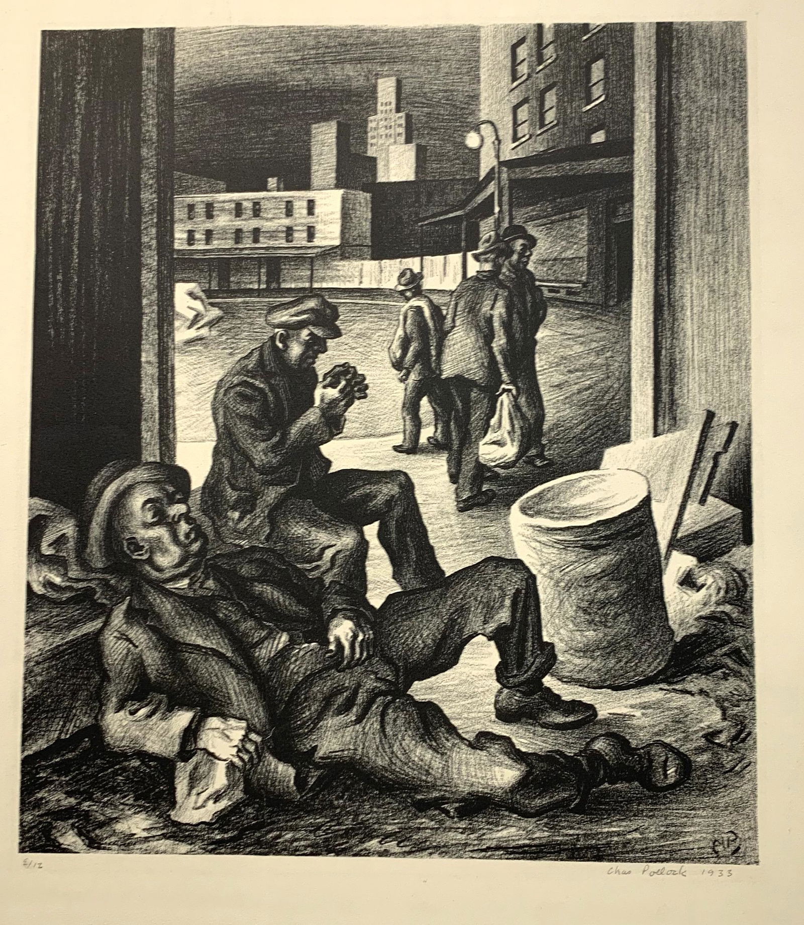 Charles Pollock. Original lithograph of hobos in an alley. Pencil signed and dated 1933, numbered: Charles Pollock. Original lithograph of hobos in an alley. Pencil signed and dated 1933, numbered 8/12 lower margin. Sheet size: 16.75 x 15.75in.