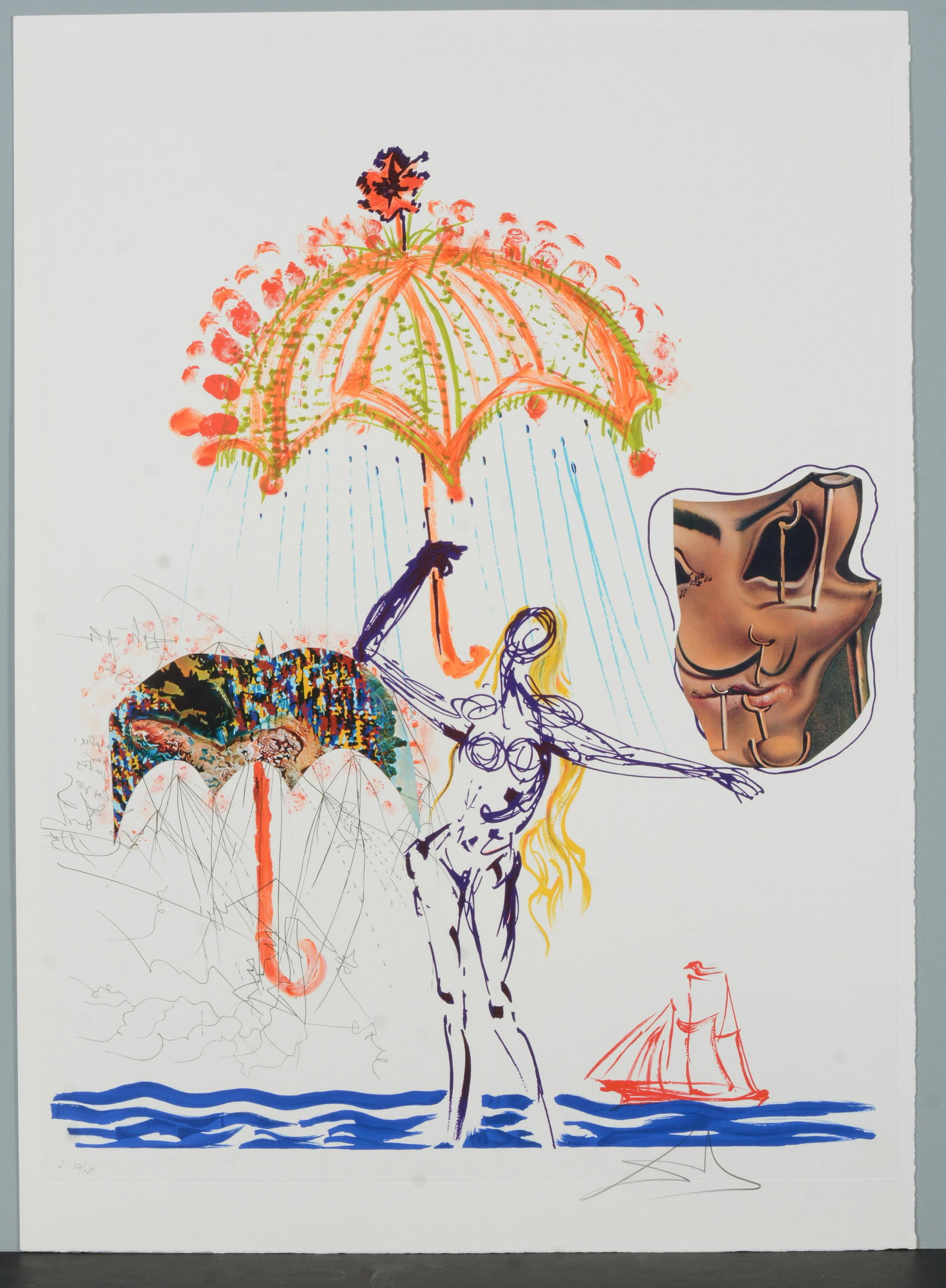 Salvador Dali. "Antiombrelle a Atomiseurs de Liquides" (Umbrella with Liquid Atomizers). Limited: Salvador Dali. "Antiombrelle a Atomiseurs de Liquides" (Umbrella with Liquid Atomizers). Limited edition intaglio print on japon paper. Pencil signed and numbered I-12/(2)50 lower left and right. Comp