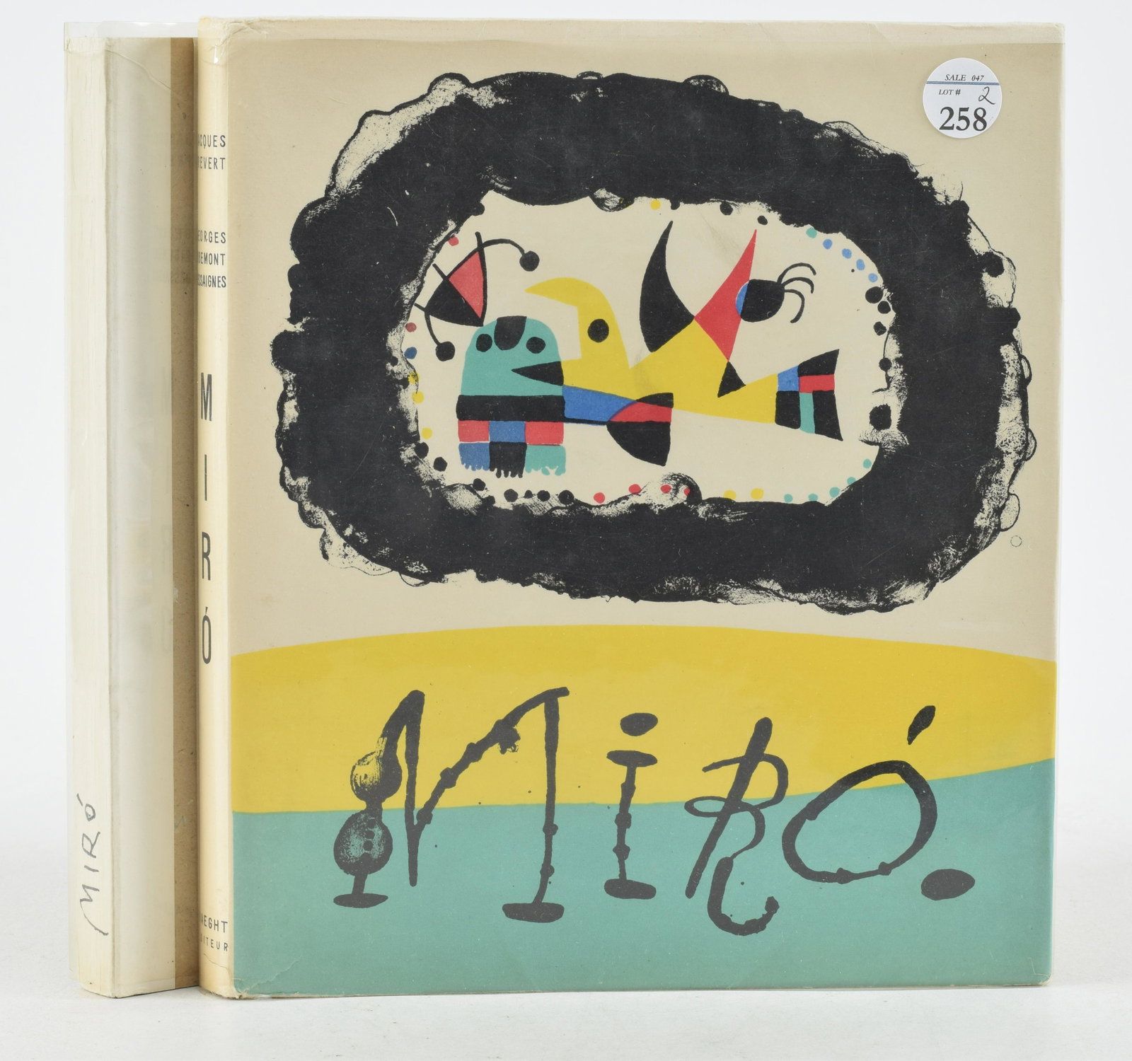 Joan Miro. Jacques Prevert and G. Ribemont-Dessaignes. Maeght editeur. 1956, Paris. Lot of 2 volumes: Joan Miro. Jacques Prevert and G. Ribemont-Dessaignes. Maeght editeur. 1956, Paris. Lot of 2 volumes of the same book, one missing dust jacket, the other missing several lithographs. One volume (no du