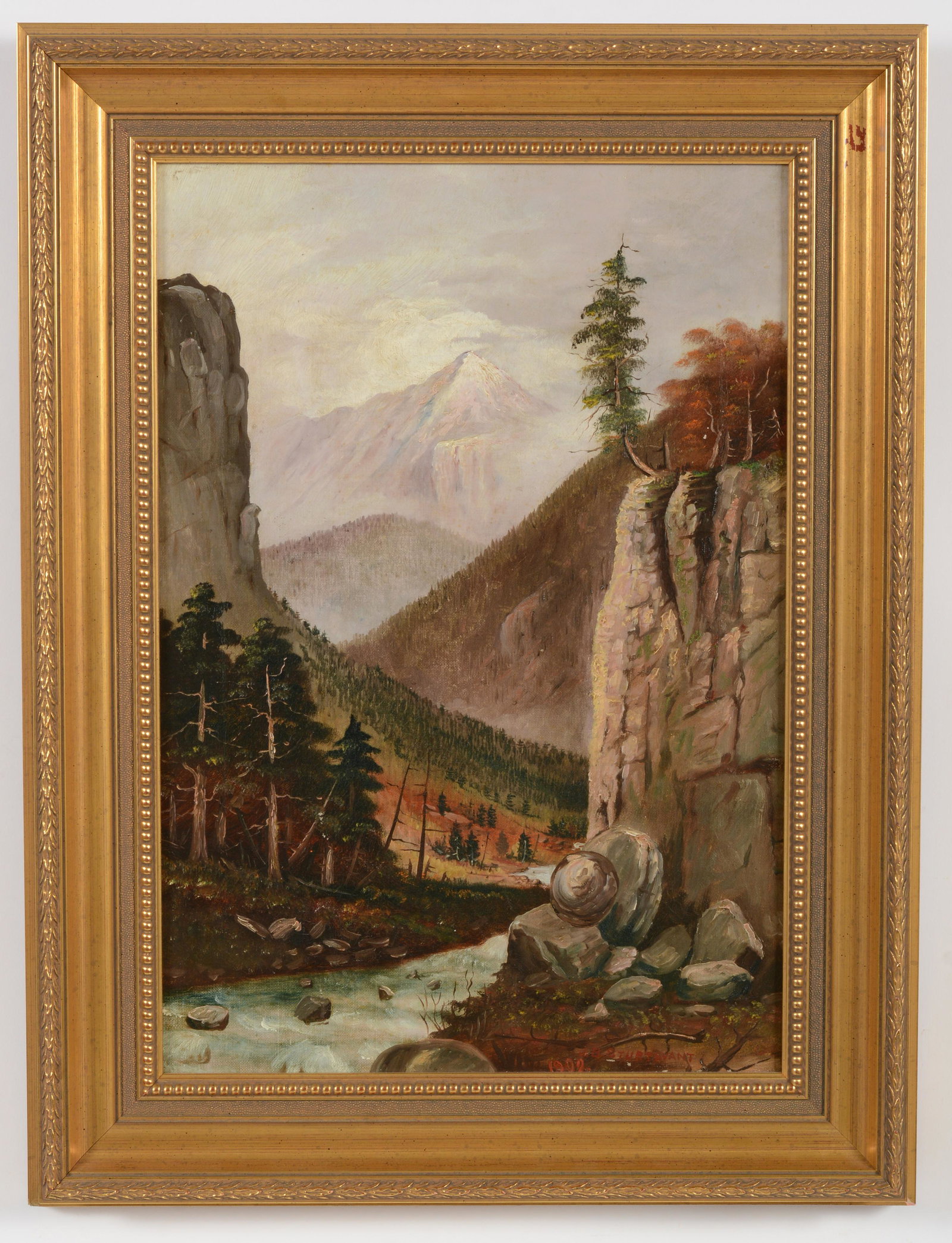 J. B. Sturtevant 1902. Pikes Peak looking up Black Canyon, Colorado. River gorge with snow capped: J. B. Sturtevant 1902. Pikes Peak looking up Black Canyon, Colorado. River gorge with snow capped mountain in background. Signed and dated lower right and pencil description on reverse. Oil on canvas.