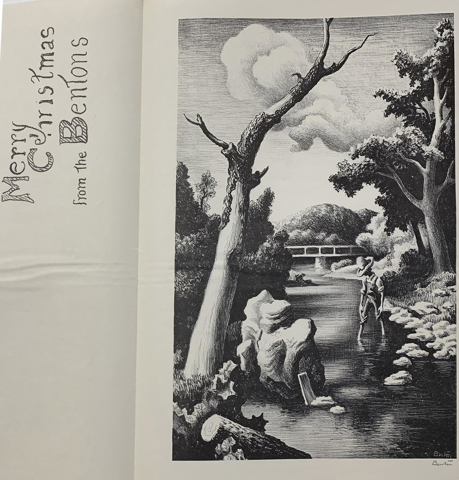 Thomas Hart Benton "Merry Christmas from the Bentons" large holiday greeting card with offset: Thomas Hart Benton "Merry Christmas from the Bentons" large holiday greeting card with offset lithograph print after "Shallow Creek". Printed signatures. Bi folded paper. When folded: 16 x 12in. Horiz