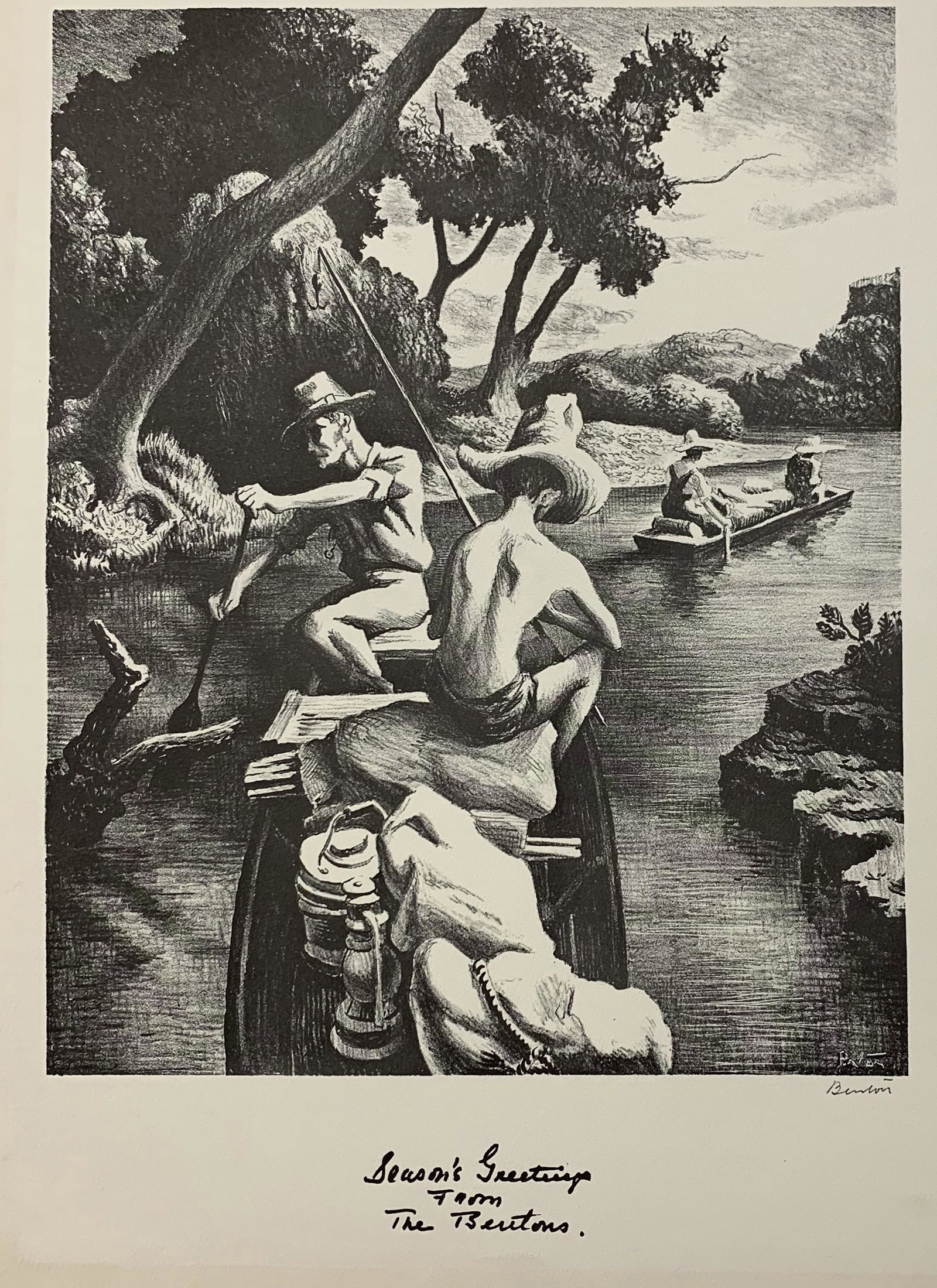 Thomas Hart Benton "Season's Greetings" offset lithograph print after "Down the River" lithograph.: Thomas Hart Benton "Season's Greetings" offset lithograph print after "Down the River" lithograph. Holiday greeting card style print from the Benton Family. Printed signatures. Sheet size: 16.75 x 13i