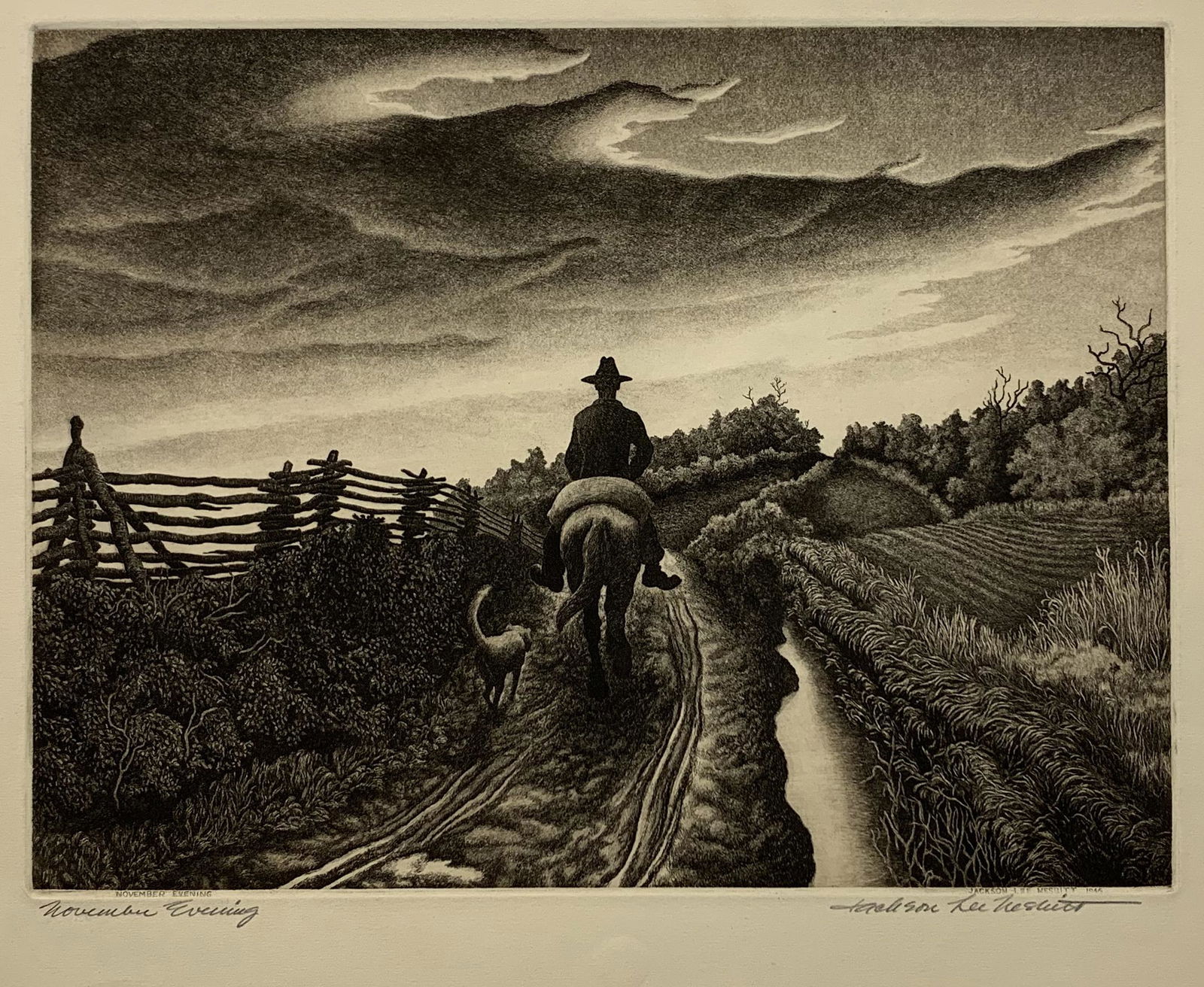 Jackson Lee Nesbitt. "November Evening". Original AAA regionalist etching of a silhouetted man: Jackson Lee Nesbitt. "November Evening". Original AAA regionalist etching of a silhouetted man riding a horse with his dog trailing behind. Pencil signed lower margin and signed, titled, and dated 194