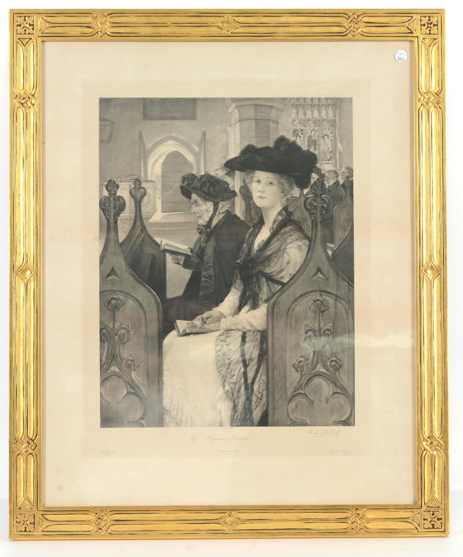 Francis Davis Millet. Pencil signed photogravure "Wandering Thoughts". Berlin photographic company.: Francis Davis Millet. Pencil signed photogravure "Wandering Thoughts". Berlin photographic company. Framed in a vintage carved and gilt arts and crafts frame, possibly Foster Brothers. Under glass. Si
