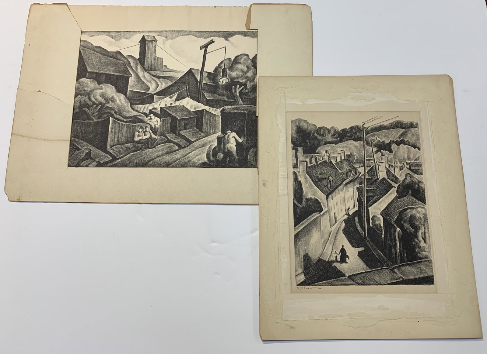 M. J. Scott. 2 regionalist style lithographs, each pencil signed. 1) Figures along the street, one: M. J. Scott. 2 regionalist style lithographs, each pencil signed. 1) Figures along the street, one fixing a car. Mat remnants attached to sheet, some damage and losses to edges of sheets and mat. 16 x