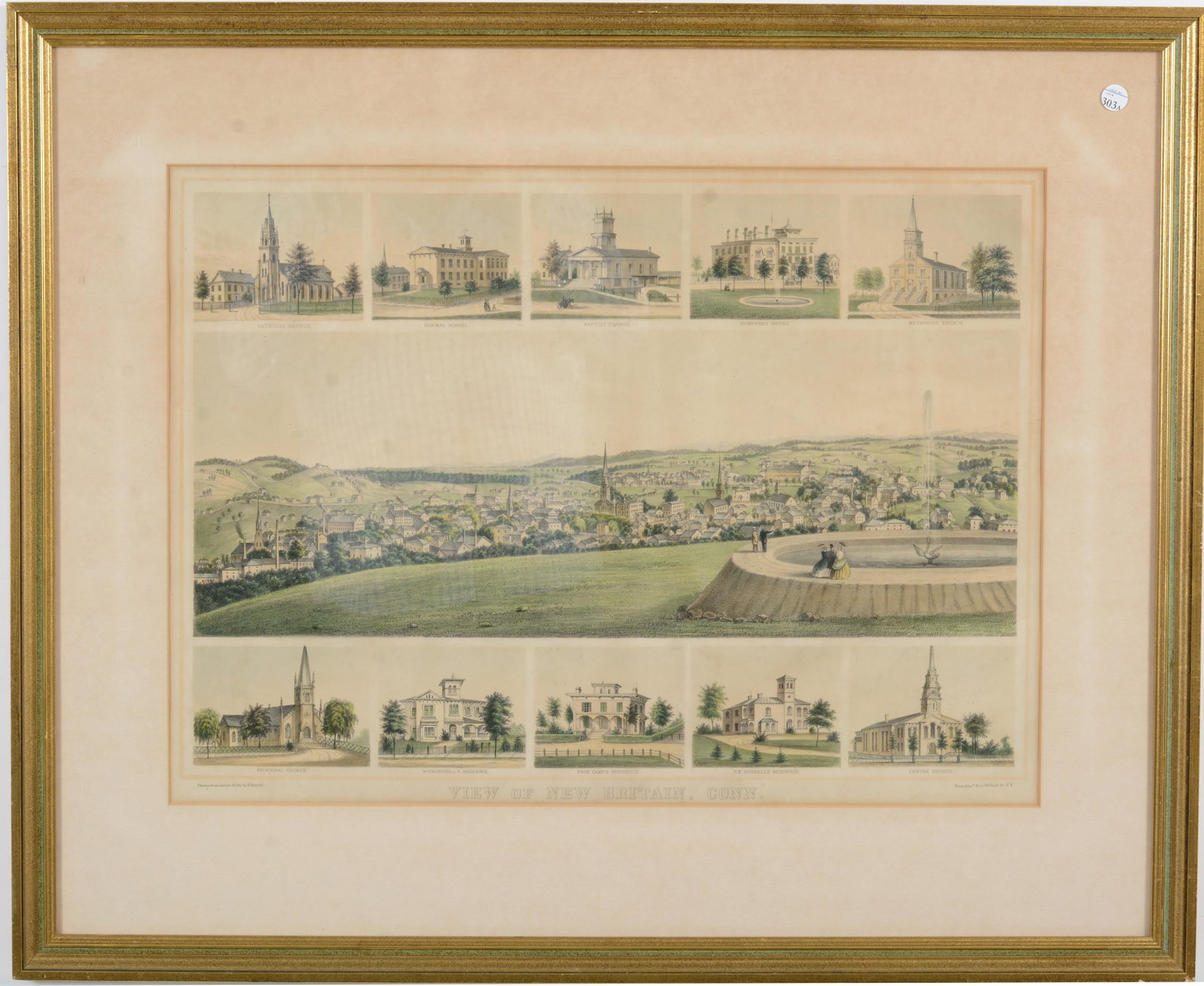 Colored lithograph after H. Knecht. View of New Britain, Conn. Printed by J. Reu, New York, circa: Colored lithograph after H. Knecht. View of New Britain, Conn. Printed by J. Reu, New York, circa 1865. Framed Sight size 18 x 25in, overall size 28 x 34in