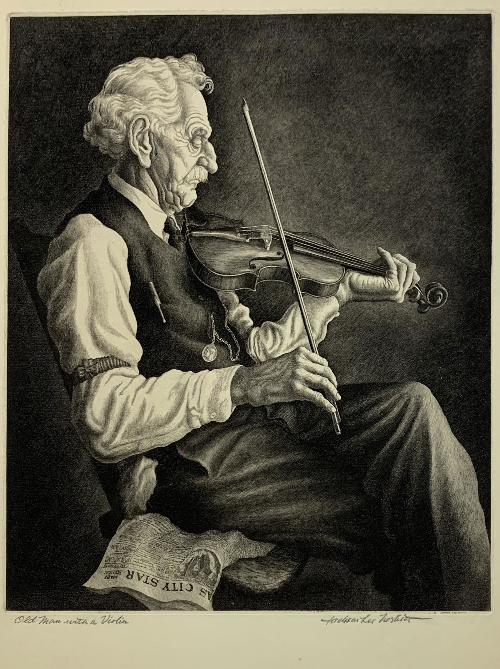 Jackson Lee Nesbitt. "Old Man with a Violin". Original etching pencil signed and titled lower: Jackson Lee Nesbitt. "Old Man with a Violin". Original etching pencil signed and titled lower margin. Small nicks to sheet edge. Toning along upper edge of sheet. Overall: 17.75 x 14in.