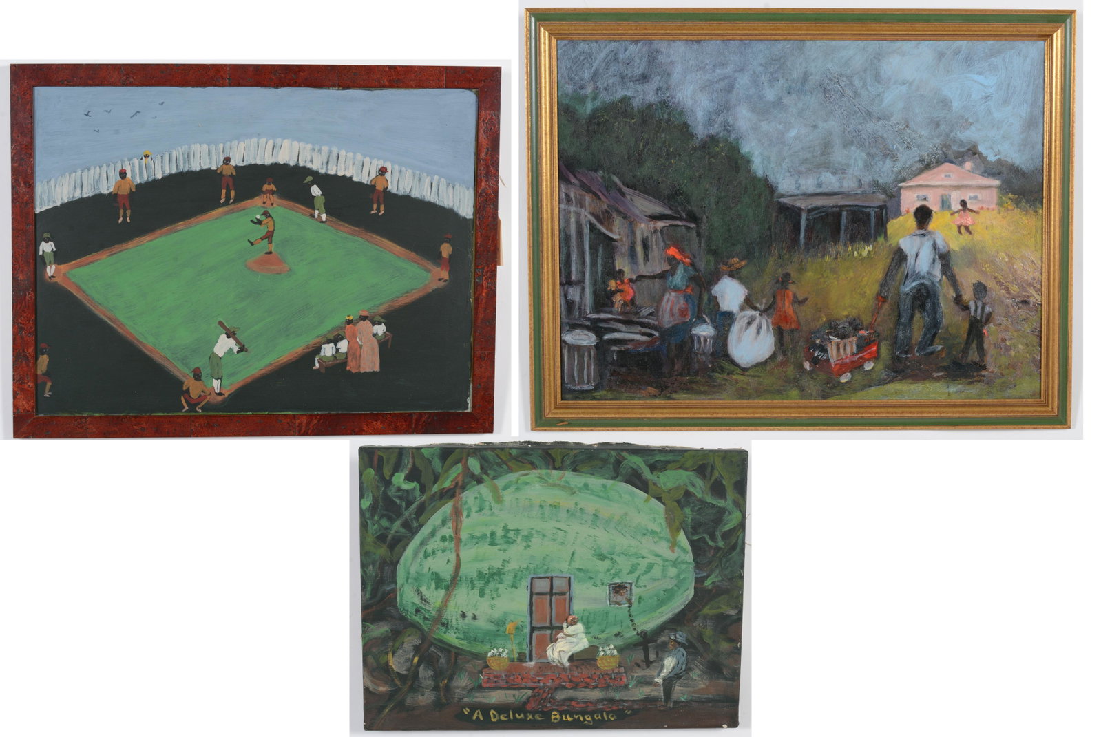 20th century Afro-American school outsider art style paintings. 1) Black American baseball painting.: 20th century Afro-American school outsider art style paintings. 1) Black American baseball painting. Framed. Overall: 19.5 x 25.5in. 2) Southern landscape with African American family. Framed. Overall