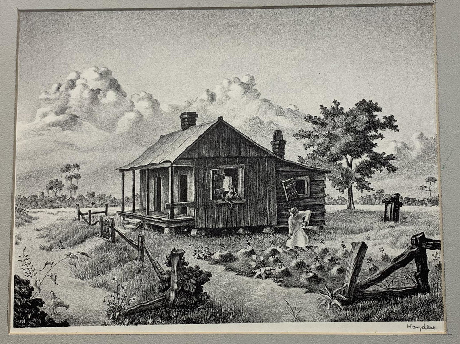 William Hayden. "Sugar County, Louisiana". Original regionalist lithograph depicting a poor couple: William Hayden. "Sugar County, Louisiana". Original regionalist lithograph depicting a poor couple working the land outside of their shack. Pencil signed lower right. Tape residue at corners and upper