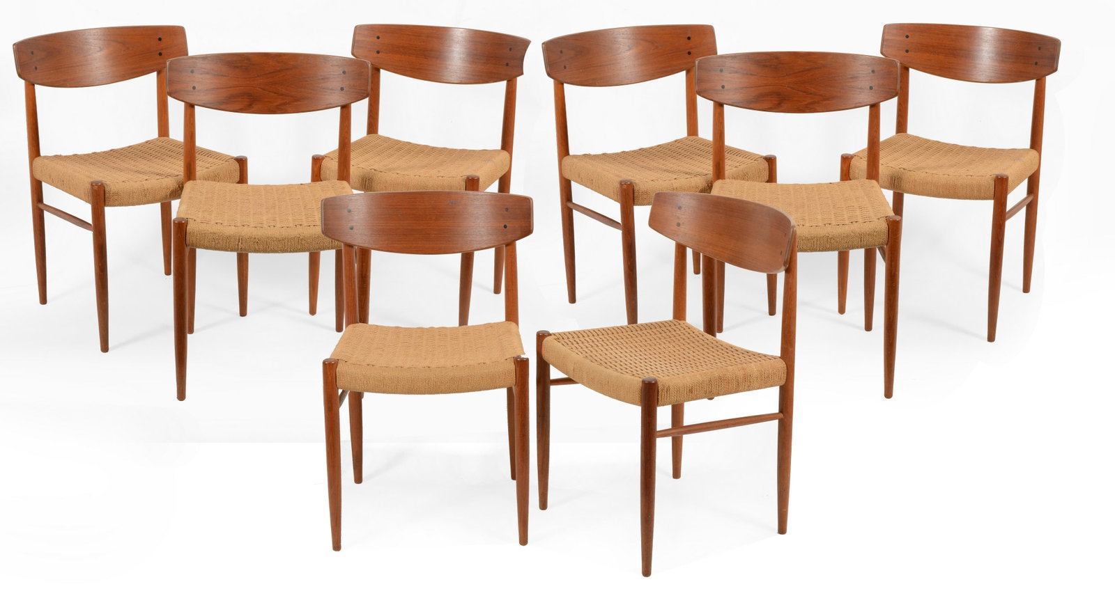 Set of 8 Danish A.M. Moller model 501 teak dining chairs with paper cord seats, 1960's. Solid teak: Set of 8 Danish A.M. Moller model 501 teak dining chairs with paper cord seats, 1960's. Solid teak with nice surface. Several rungs with marks from animal bites